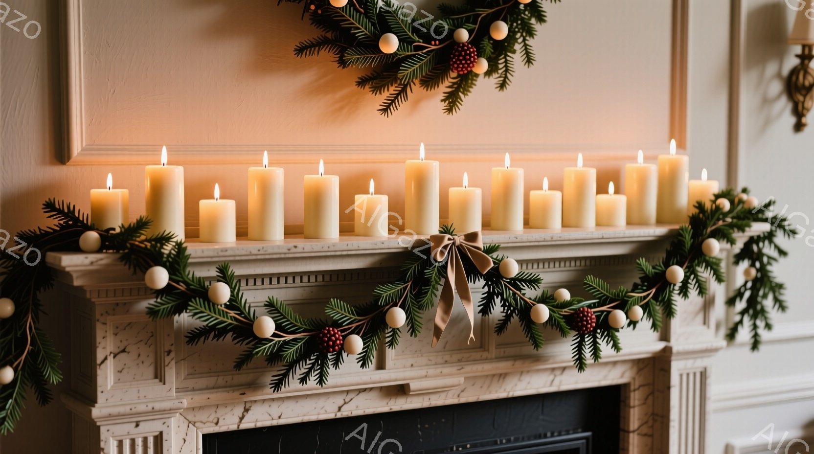 大理石の暖炉の上に、たくさんのキャンドルが整然と並べられています。キャンドルの上には、クリスマスの飾り付けとして、もみの枝、赤い実、そして白いオーナメントが飾られており、リボンがアクセントになっています。暖炉の背景は落ち着いた色合いで、全体的に温かく、穏やかなクリスマスの雰囲気を醸し出しています。