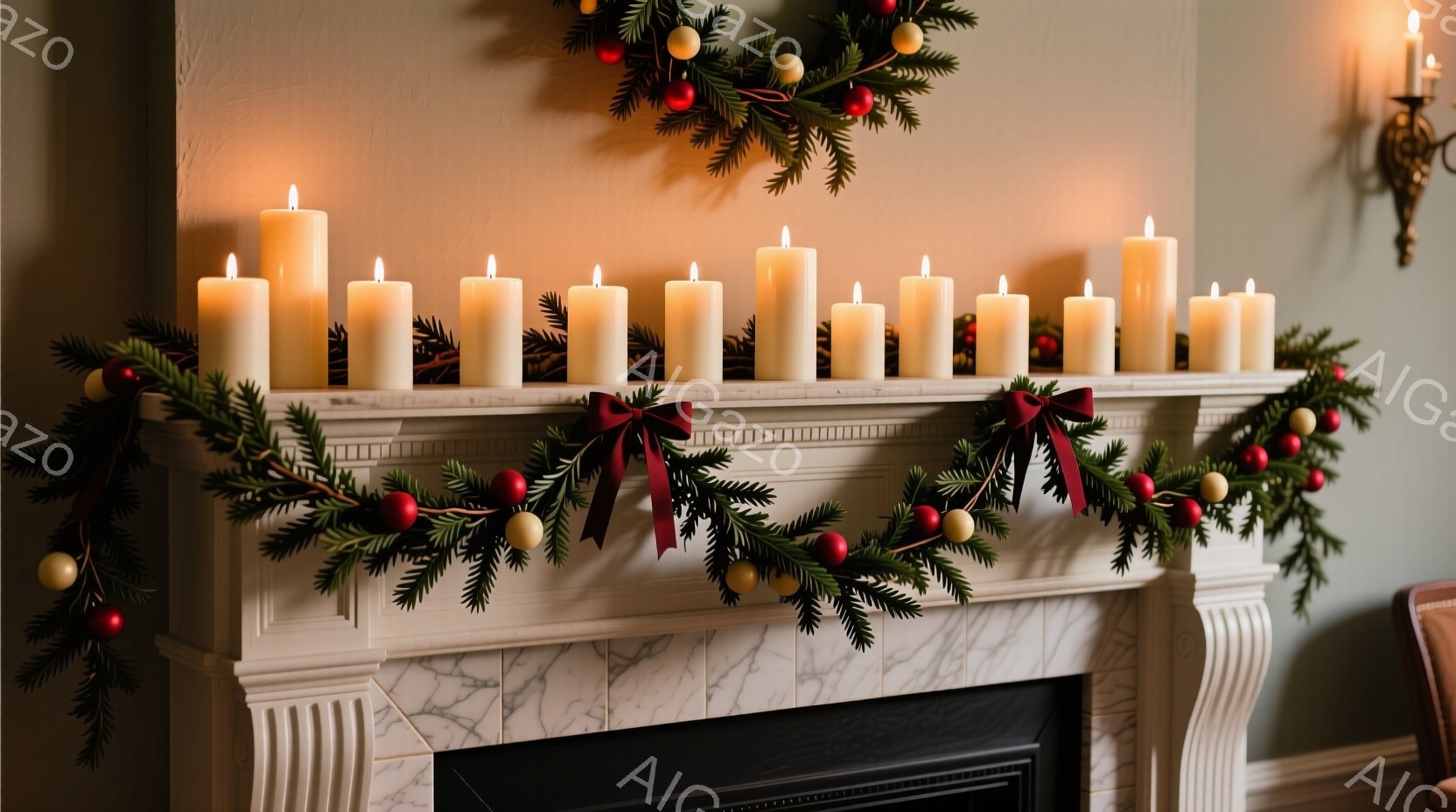 白い暖炉の上に、緑の葉と赤い実、金色の飾りで飾られたガーランドが広がっています。多くの白い柱状のキャンドルがガーランドと共に暖炉の上に並べられ、温かく穏やかな光を放っています。背景は落ち着いた緑色で、クラシカルな雰囲気が漂い、リラックスしたクリスマスの装飾が印象的です。