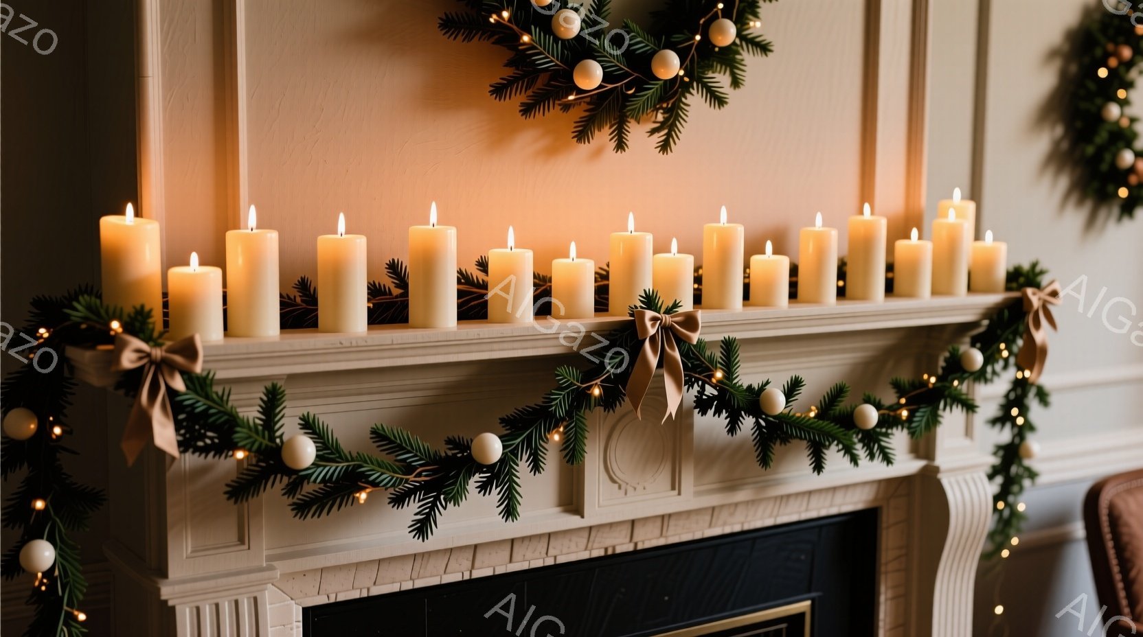 マントルピースの上に、クリスマスの飾り付けが施されており、たくさんのキャンドルが並べられています。緑の葉と白い飾り、そしてリボンで飾られたガーランドが、暖かく穏やかな雰囲気を醸し出しています。暖炉の暗い内側が、キャンドルの光とのコントラストを生み出し、冬の静寂を表現しています。