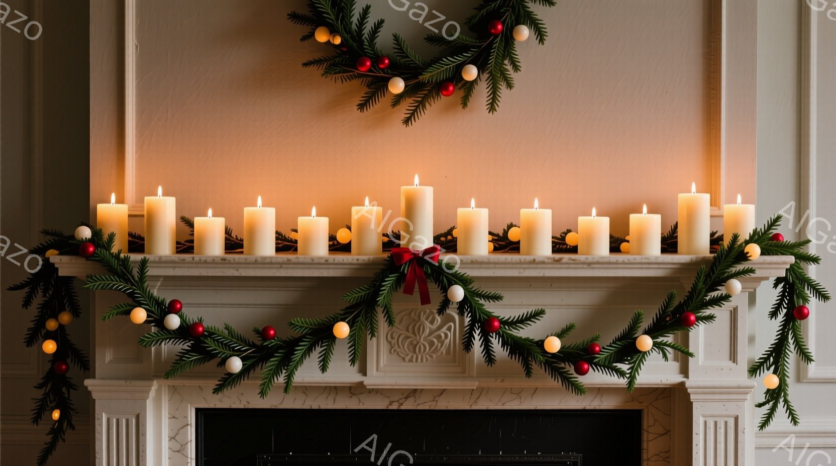 白い暖炉の上に、クリスマスリースの飾りが施されています。赤い実と白いボール、緑の葉が暖炉の白い装飾と調和し、その上に一列に並んだ白いキャンドルが温かい光を放っています。全体的に暖かく、穏やかで、クリスマスの雰囲気が漂う静謐な光景です。