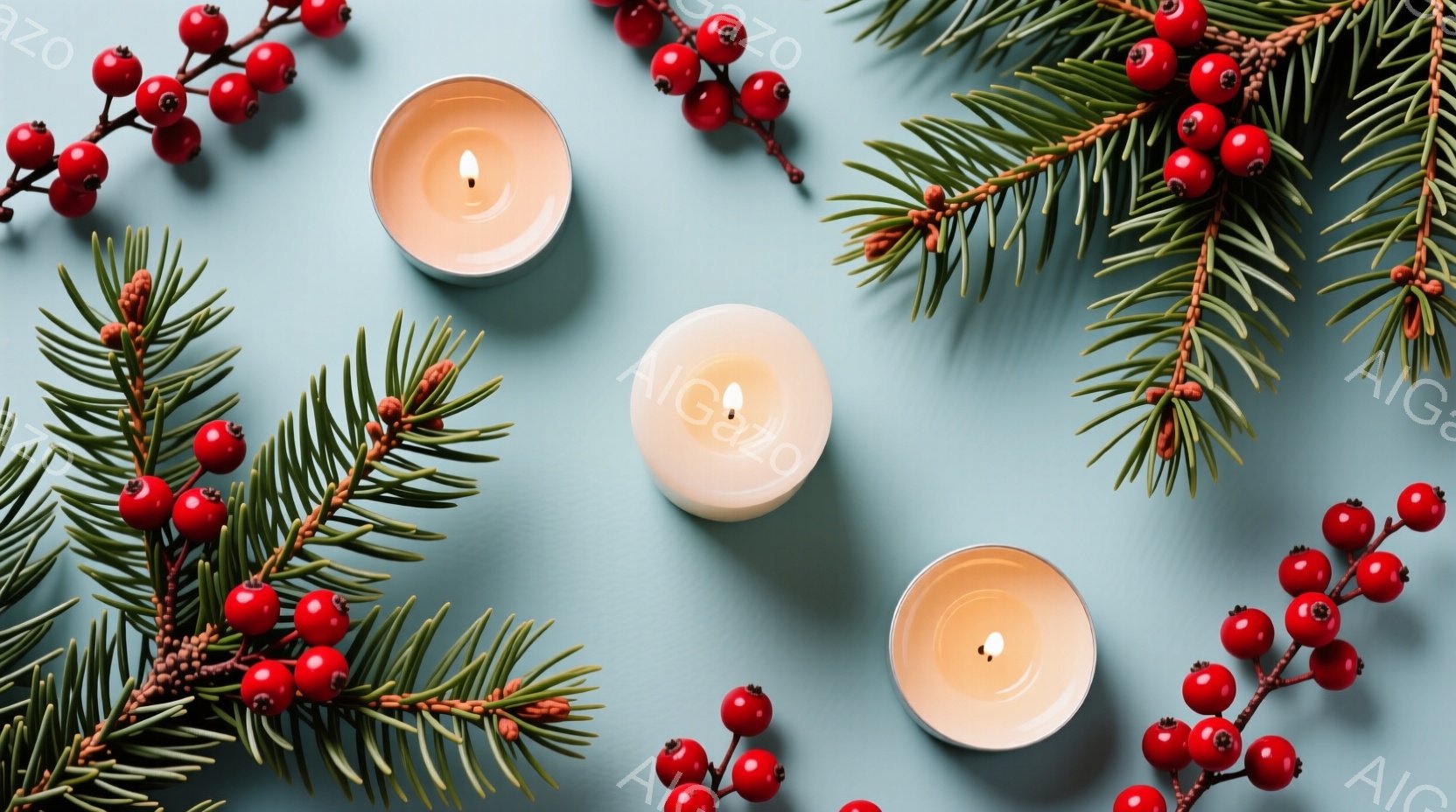 淡い水色の背景に、燃え盛るキャンドル3個と赤い実の付いた常緑樹の枝が配置されています。キャンドルは白く、その光が穏やかな雰囲気を醸し出しています。全体的にクリスマスの装飾や冬の静けさを表現した、落ち着いた美しい一枚です。