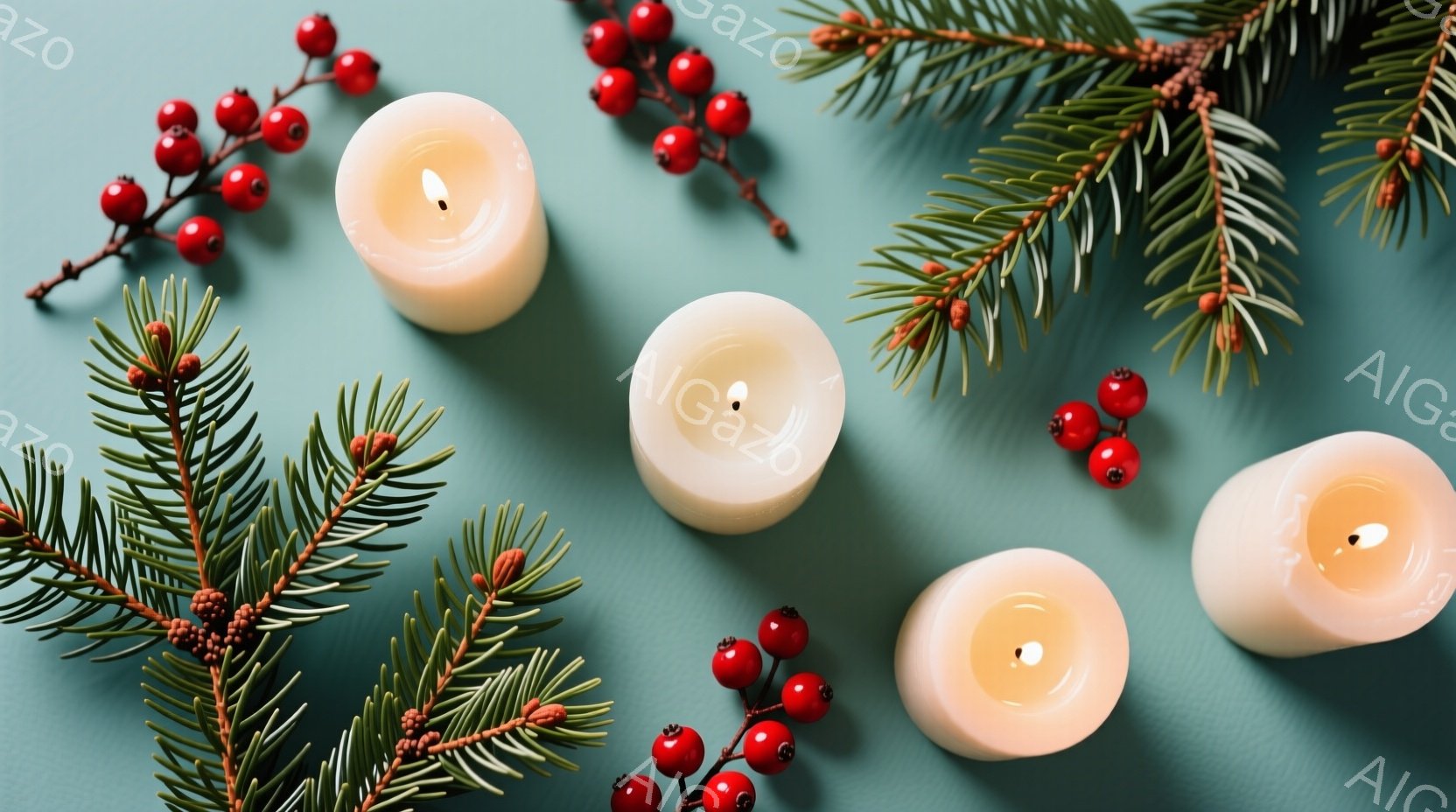 薄いターコイズブルーの背景に、白い柱状のキャンドルが4本と、赤い実のついた枝が配置されています。キャンドルはそれぞれ穏やかに炎を灯しており、温かく落ち着いた雰囲気を醸し出しています。冬の装飾やクリスマスを連想させる、静かで美しい構図です。