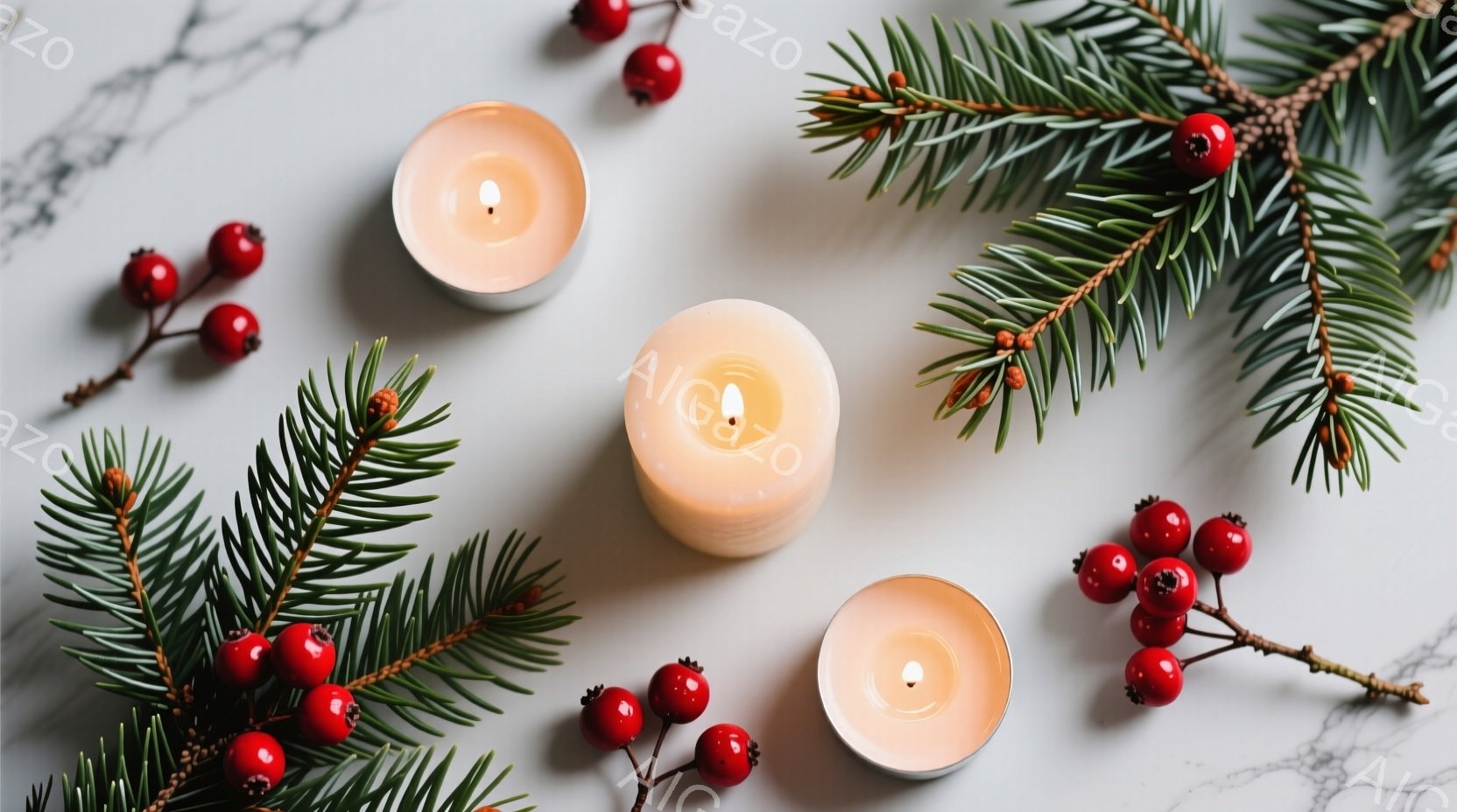白い大理石のような背景に、クリスマスツリーの枝、赤い実のついた枝、そして点灯したキャンドルが配置されています。キャンドルは３つあり、温かい光を放ち、冬の静寂と安らぎを感じさせます。全体的に、シンプルでありながらも、温かみのあるクリスマスの雰囲気を醸し出しています。