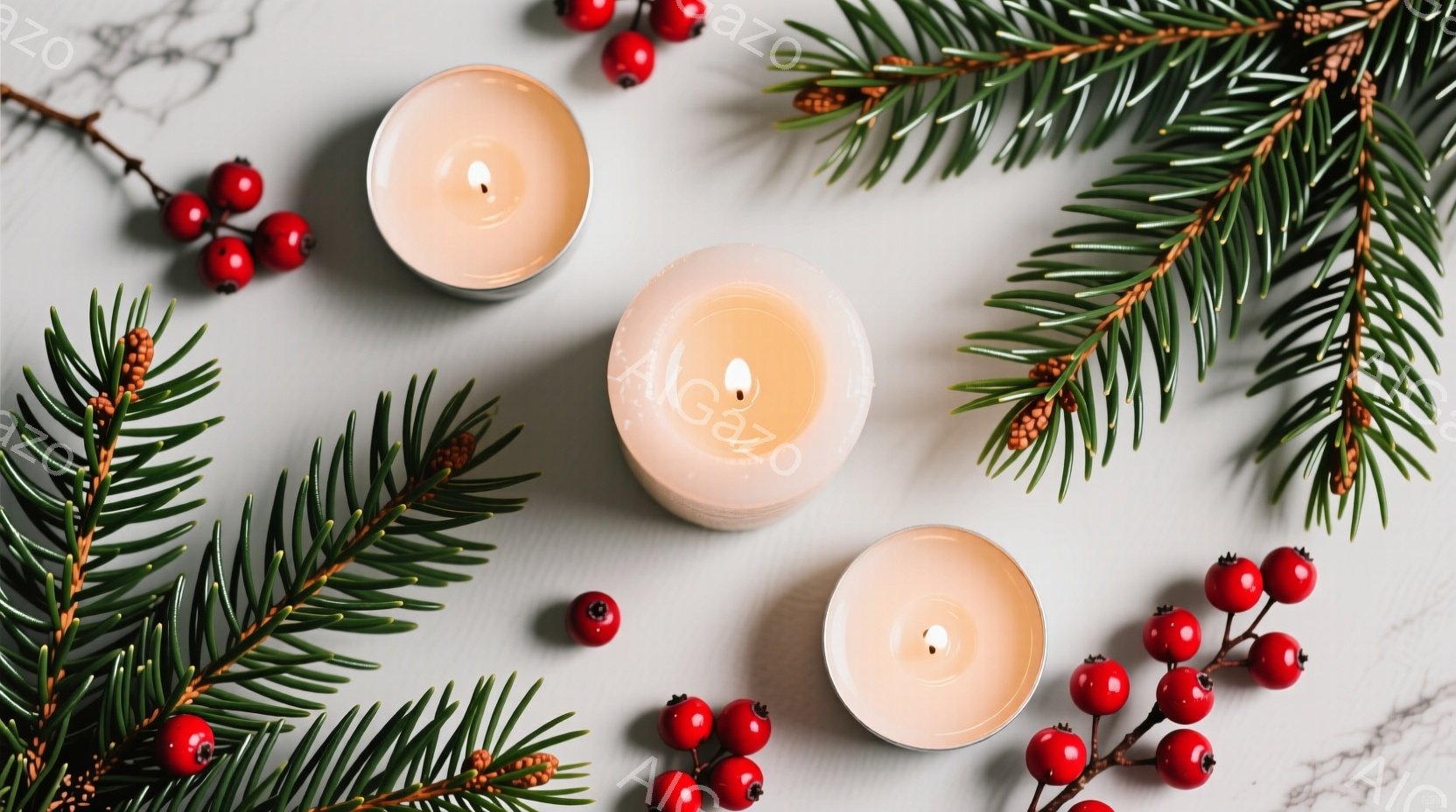白い大理石のような背景に、３つの光るキャンドルと赤い実のついた枝が配置されています。キャンドルは柔らかい光を放ち、暖かく落ち着いた雰囲気を醸し出しています。緑の葉と赤い実の色合いが、冬の季節らしさを感じさせます。