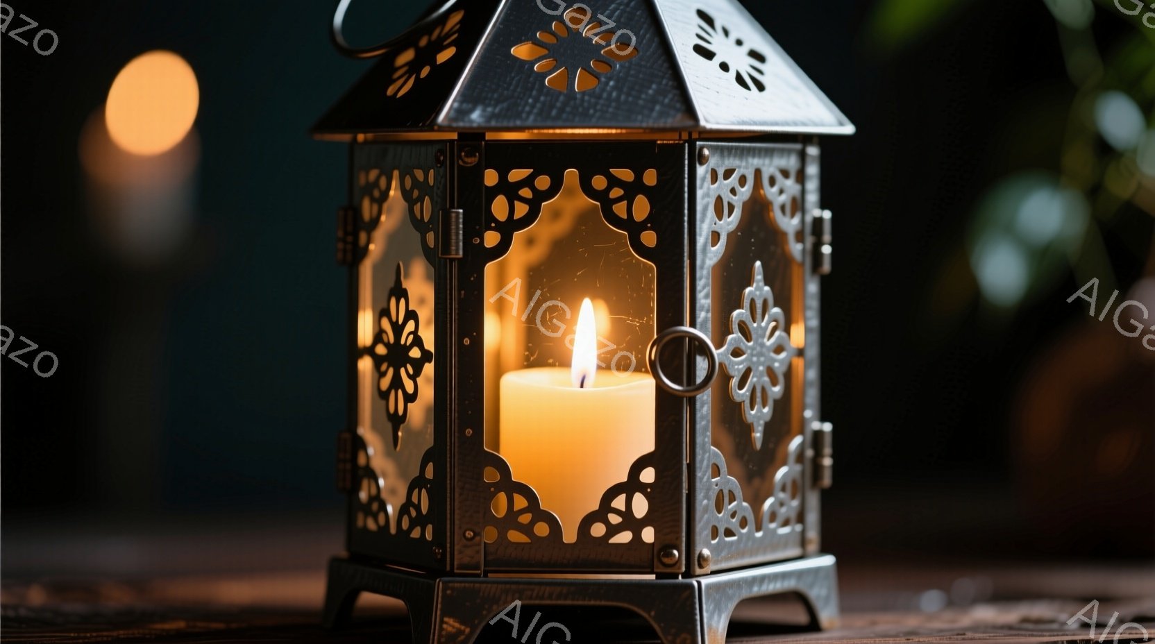 古風な金属製のランタンが、燃え盛るキャンドルによって温かい光を放っている。ランタンの装飾的なカットワークは、影を生み出し、周囲の暗闇とのコントラストを強調している。背景はぼやけており、わずかに緑色の葉が見えることから、自然の中に置かれていることが推測できる、静かで穏やかな雰囲気を醸し出している。