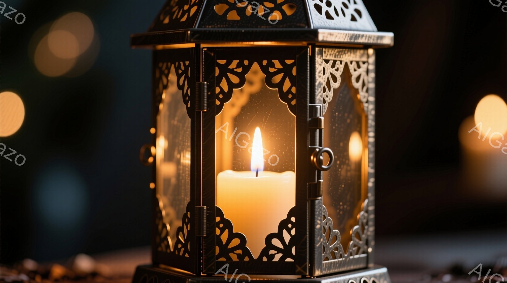 鉄製の装飾的なランタンが中央に配置され、中に点灯したロウソクが暖かく輝いている。ランタンの繊細な模様が光を柔らかく拡散させ、周囲は暗くぼやけた背景で、他のぼんやりとした光のぼかしが見える。全体的に、静かで落ち着いた、温かい雰囲気を醸し出している。