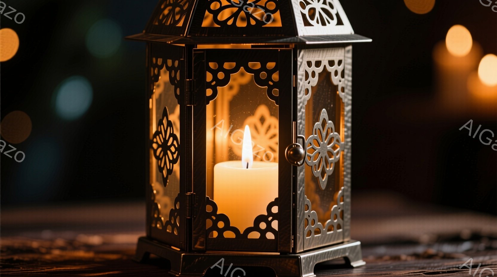 鉄製の装飾的なキャンドルホルダーが写っており、内部には点灯したキャンドルが灯っています。ホルダーは複雑な模様が施され、暖かく柔らかな光を放ち、木製のテーブルの上に置かれています。背景は暗く、ぼやけた光点が散りばめられ、静かで穏やかな雰囲気を醸し出しています。