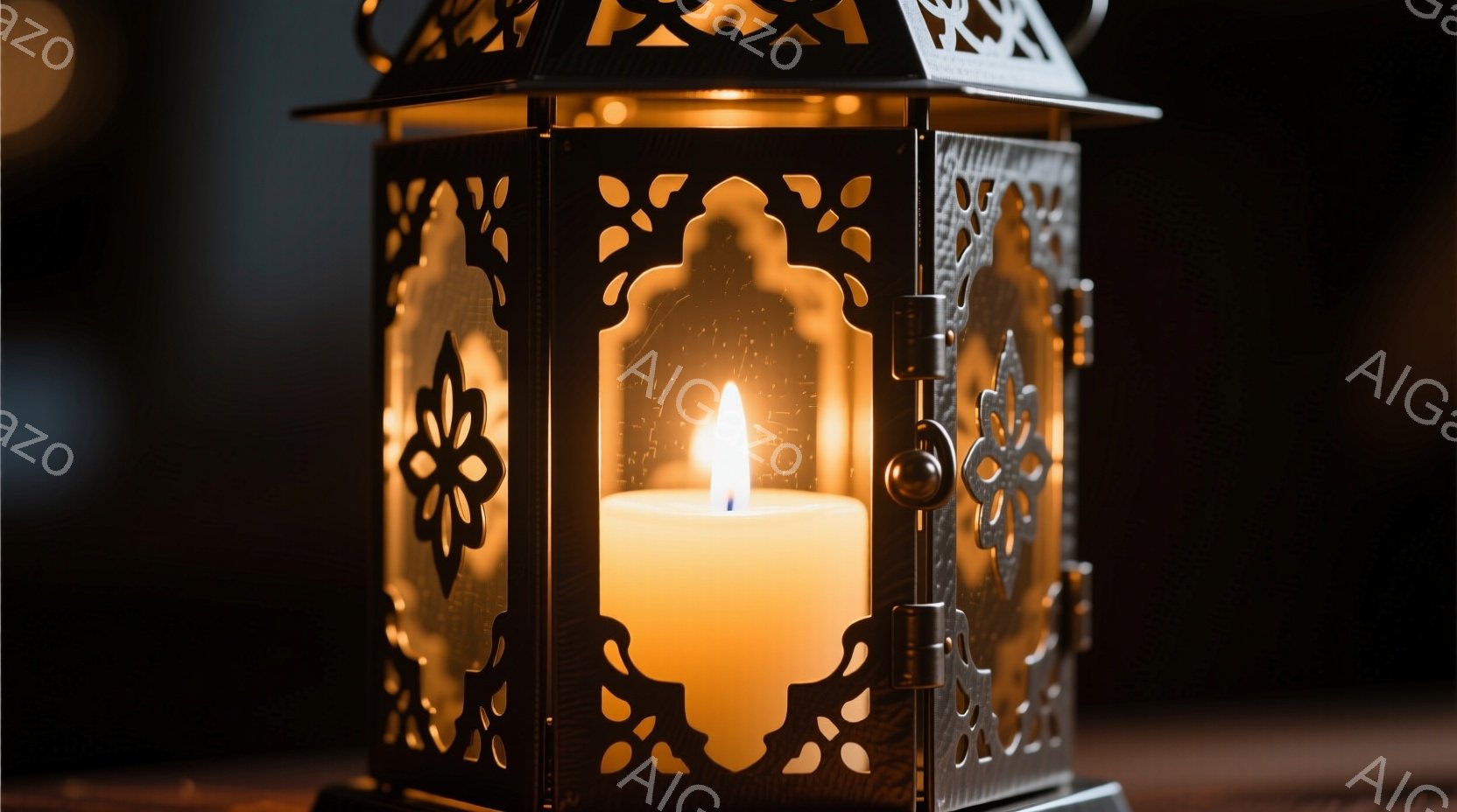 黒い背景に、繊細な模様が刻まれた金属製のランタンが写っている。ランタンの中には、明るく揺らめくキャンドルの炎があり、温かい光を周囲に拡散している。金属の装飾と炎の光が対照的で、落ち着いた神秘的な雰囲気を醸し出している。