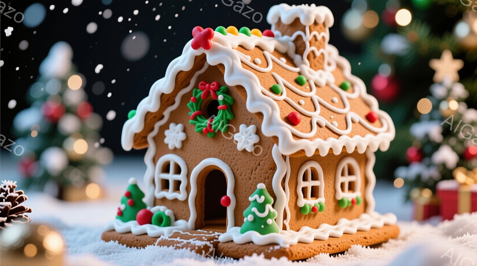 ジンジャーブレッドで作られた可愛らしい家が、雪の上に飾られています。家の周りには小さなクリスマスツリーが配置され、背景にはぼやけたクリスマスツリーとプレゼント箱が見えます。暖かく、お祝いムードに満ちた、冬のクリスマスの雰囲気が漂っています。