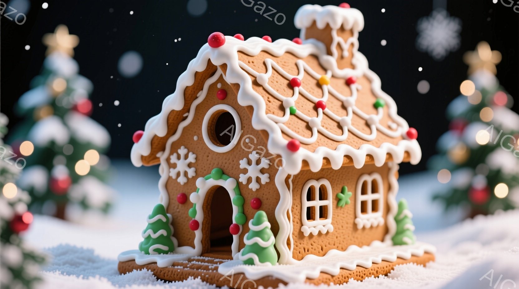 ジンジャーブレッドで作られた可愛らしい家が雪の上に置かれています。家の周りには緑色の小さな木が生えており、屋根には白いアイシングで雪が積もっているように飾られています。背景にはぼやけたクリスマスツリーの光が灯り、暖かく幻想的な冬の雰囲気を醸し出しています。