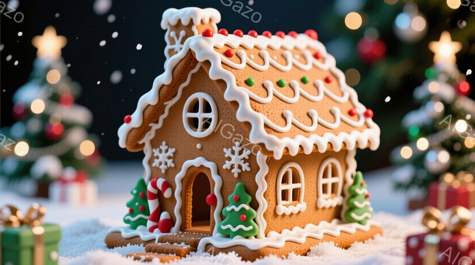 画像は、雪景色の中に立つ、ジンジャーブレッドで作られた可愛らしい家を表しています。屋根は白いアイシングで覆われ、キャンディや緑色のコニファーの飾り付けが施されており、クリスマスの雰囲気が漂います。背景にはぼやけたクリスマスツリーとプレゼントボックスがあり、暖かく幻想的な冬の情景が広がっています。