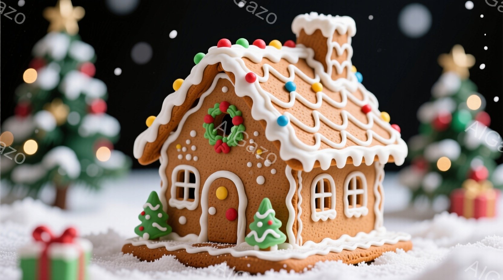 暖炉のようなジンジャーブレッドハウスが雪の上に置かれており、白いアイシングで装飾されています。背景にはぼやけたクリスマスツリーとプレゼントの箱が見え、雪が舞っている様子が表現されています。全体的に暖かく、お祝いムードに満ちたクリスマスの雰囲気です。