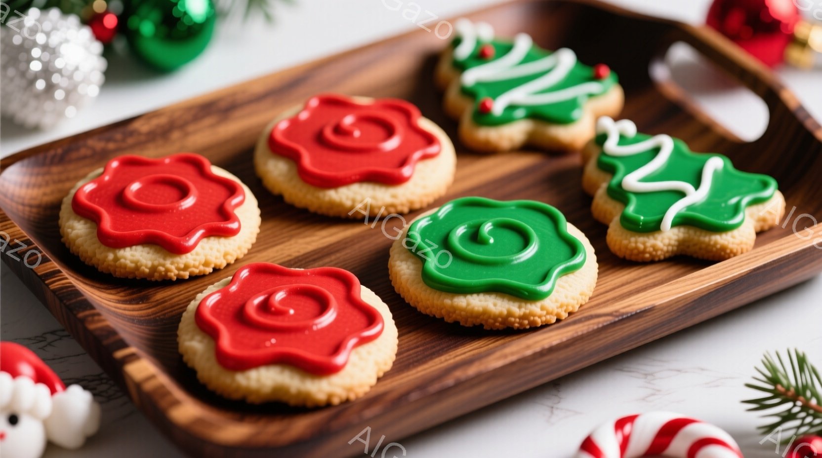 焼き色のついたクッキーが木製のプレートに並べられています。クッキーはそれぞれ赤または緑のアイシングで、クリスマスツリーや花のような形にデコレーションされています。背景には、キャンディケーンやクリスマス - AI生成フリー素材