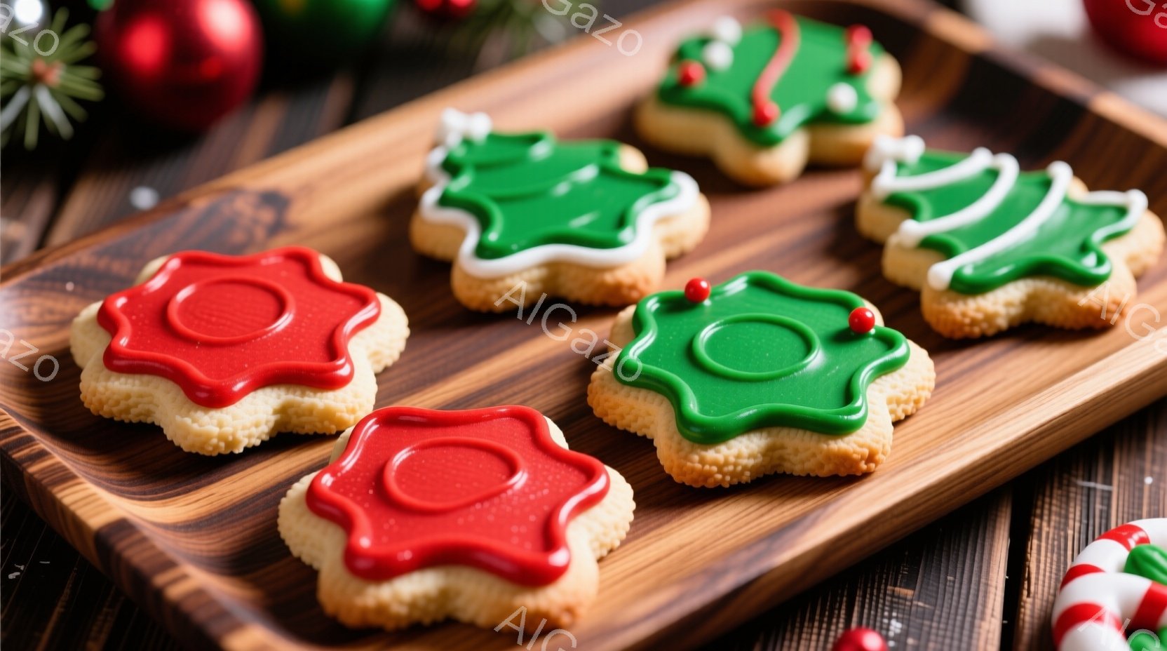 鮮やかな赤と緑のアイシングで飾られた、ひらひらとした縁取りのクッキーが、木目の美しいトレイの上に並べられています。背景には、クリスマスのオーナメントやキャンディケーンがぼんやりと見え、温かく華やかなクリスマスの雰囲気を醸し出しています。クッキーの均整の取れた配置と、明るい色彩が食欲をそそります。