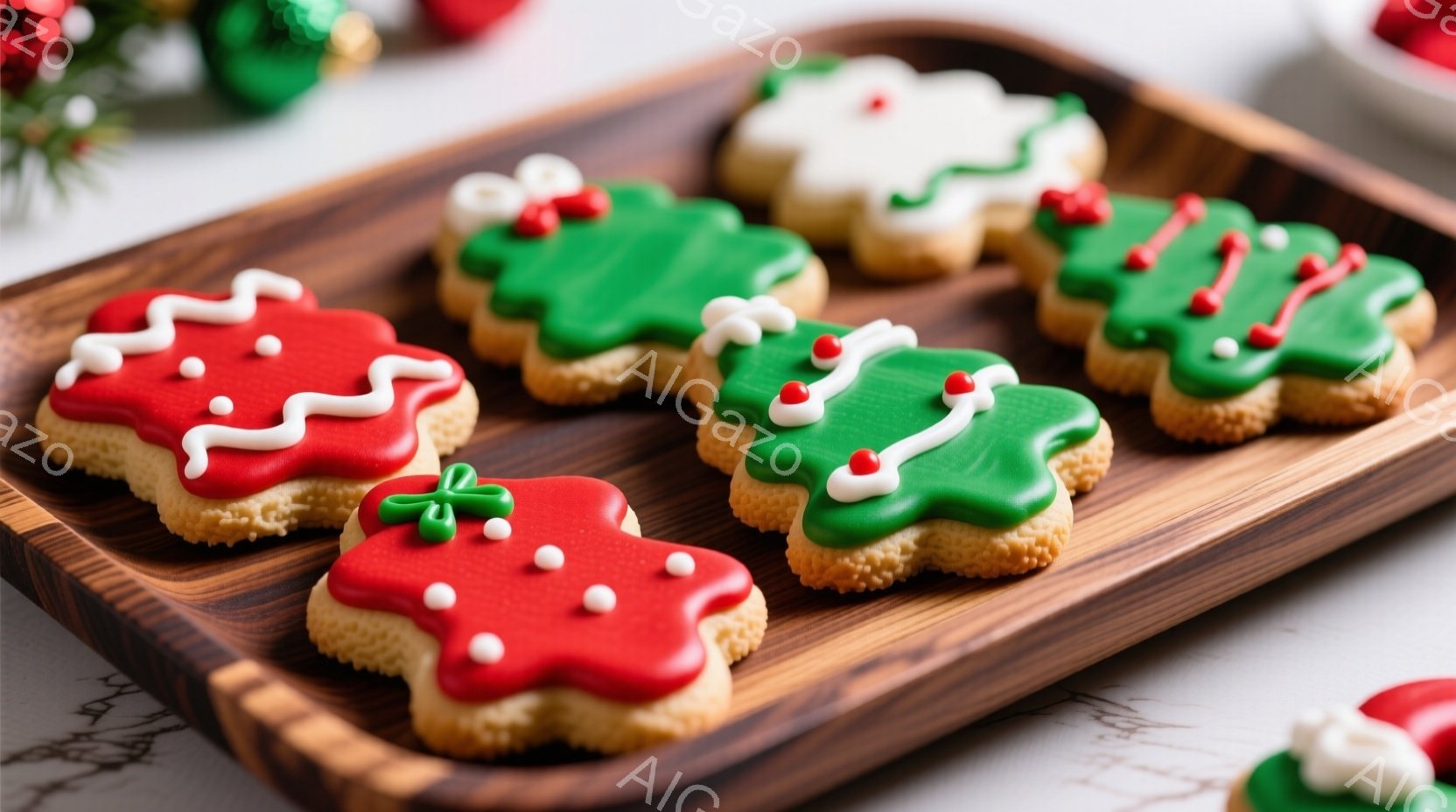 チョコレート色の木製プレートの上に、赤、緑、白のアイシングで飾られたクリスマスツリー型のクッキーが並んでいます。クッキーはそれぞれ小さなカラフルな粒で装飾され、鮮やかな色合いが楽しめます。背景にはぼやけたクリスマスオーナメントが見え、全体的に温かく、お祝いムードに包まれています。