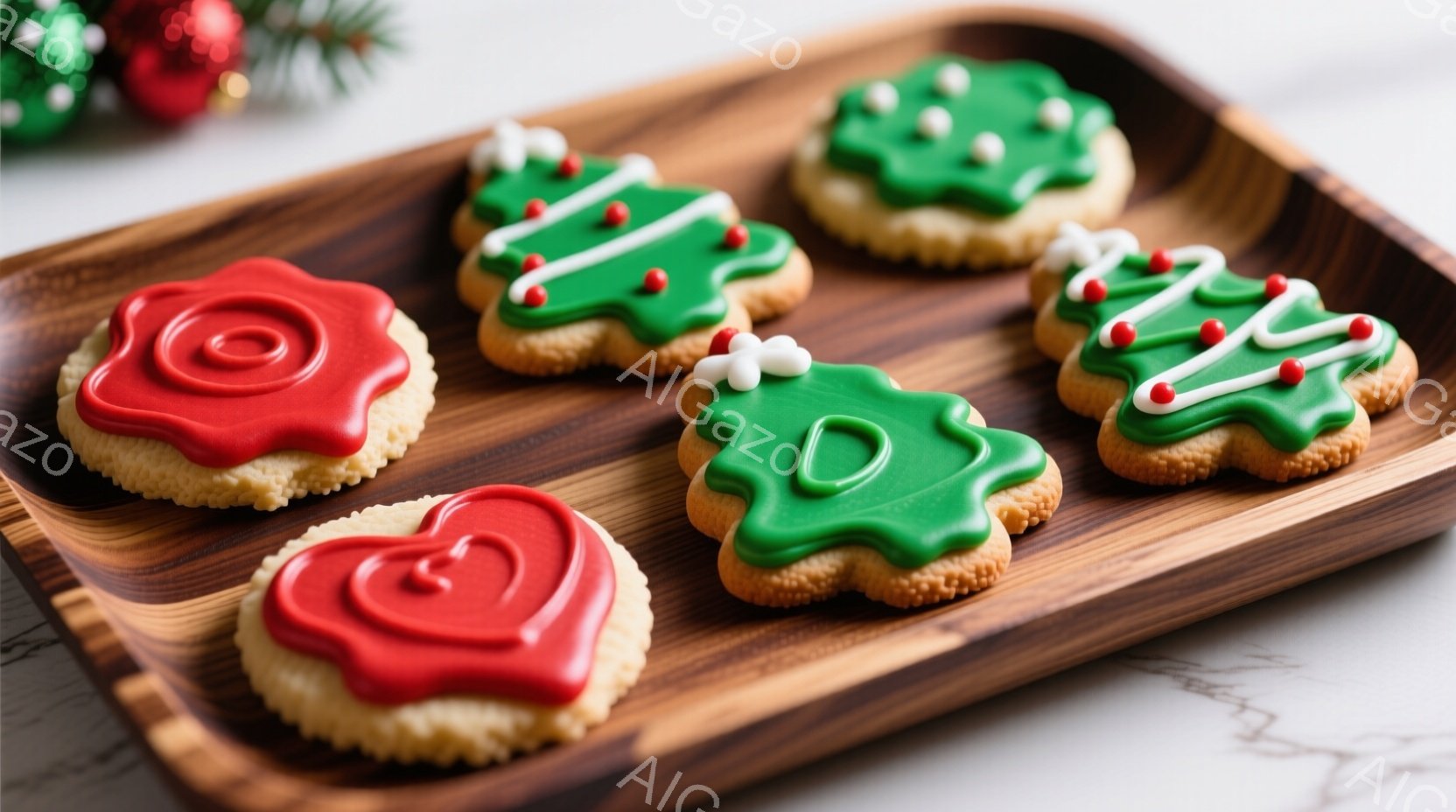 陶器製のトレイの上に、クリスマスをテーマにしたクッキーが並んでいます。赤いハート型と緑のクリスマスツリー型のクッキーは、アイシングで丁寧にデコレーションされており、ホリデーシーズンの温かい雰囲気を醸し出しています。背景は白っぽい木目調で、クッキーの色を引き立て、全体的に可愛らしく、お祝いのムードが漂っています。