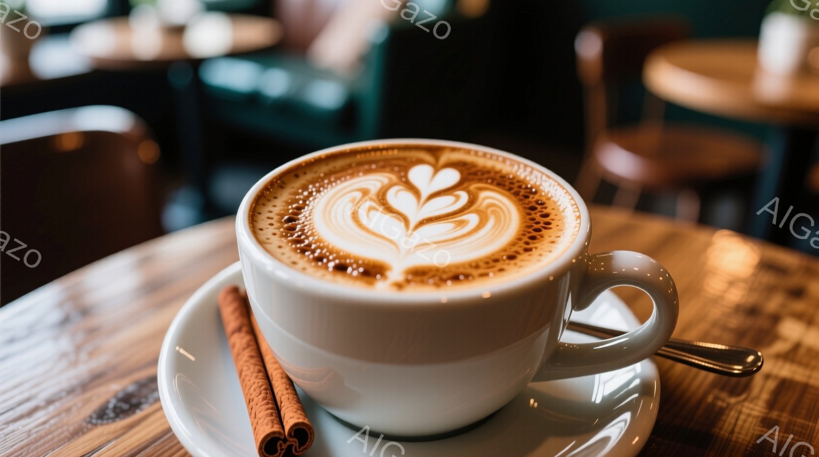 白いカップにラテアートが描かれたコーヒーが、木目のテーブルに置かれた白いソーサーに乗っている。 棒状のシナモンがコーヒーの横に添えられ、背後にはぼやけたカフェの様子が見える。 温かみのある色調と、コーヒーの湯気から、リラックスした穏やかな雰囲気が伝わってくる。