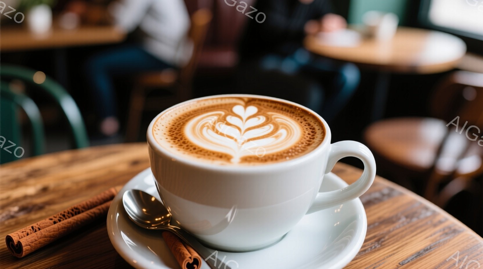 温かいラテが、木製のテーブルの上に白いソーサーに乗って置かれている。ラテには美しいラテアートが描かれており、そばにはシナモンスティックとスプーンが添えられている。背景にはぼやけたカフェの様子が見え、落ち着いた暖かな雰囲気が漂っている。