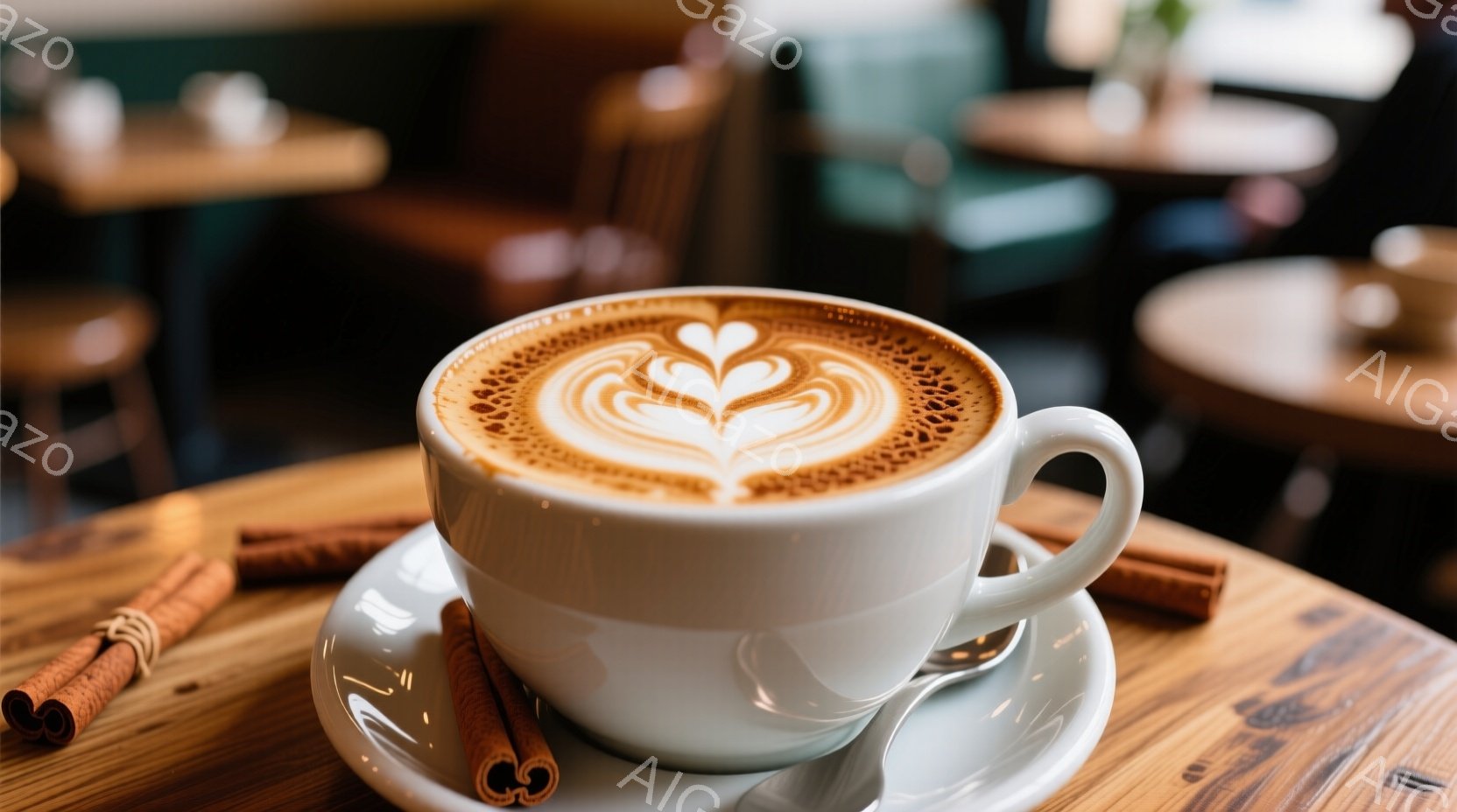 白いカップが、美しいラテアートを乗せて白いソーサーの上に置かれている。そのそばにはシナモンスティックが2本添えられ、木製のテーブルの上で温かい雰囲気を演出している。背景にはぼやけたカフェの様子が見え、穏やかでリラックスした時間が流れているようだ。