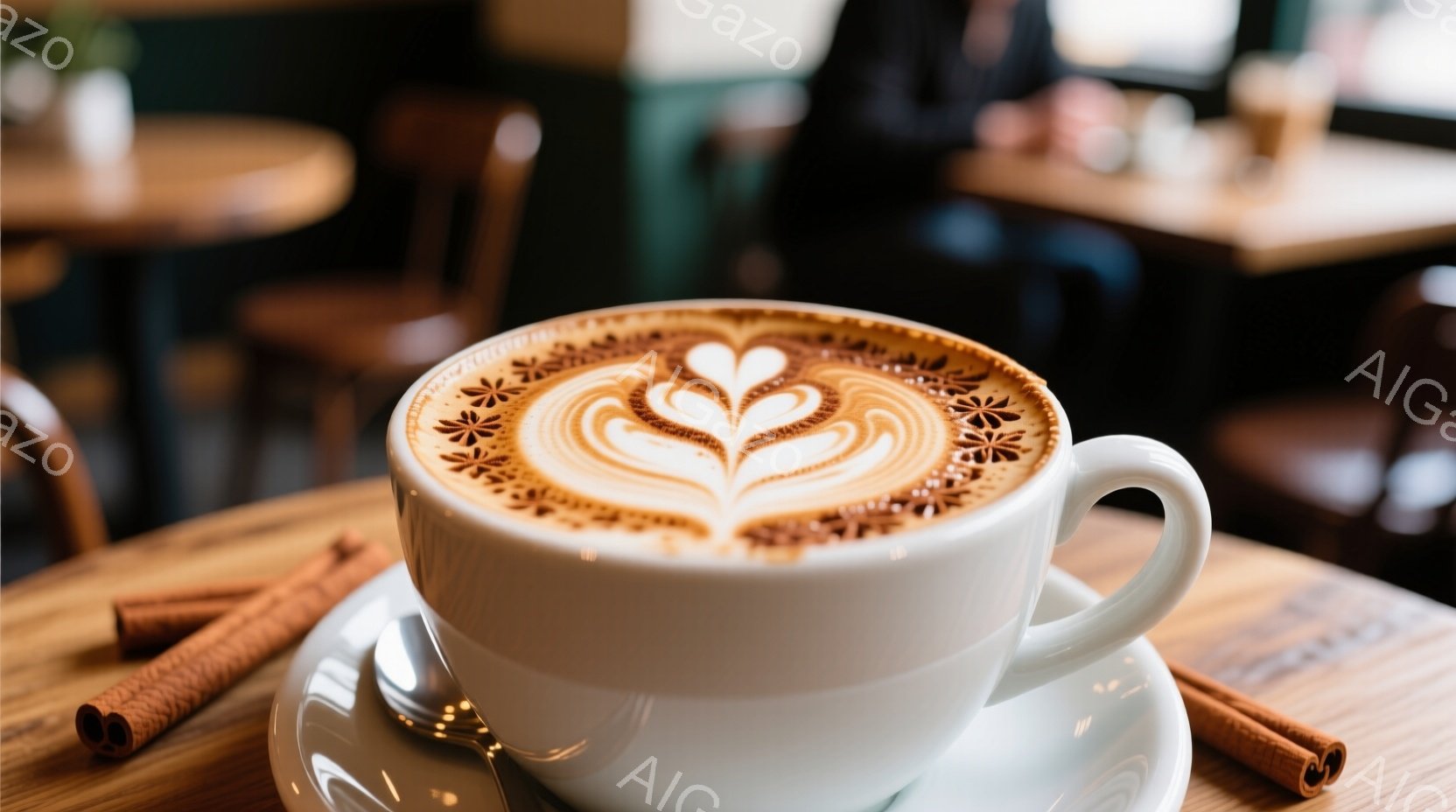 白いカップが、精巧なラテアートを乗せた状態でテーブルの上に置かれている。シナモンスティックがカップの横に添えられ、白く丸いソーサーの上にカップが置かれているため、温かみのある雰囲気が漂っている。背景にはぼやけたカフェの様子が見え、全体的にリラックスした、落ち着いた空間を思わせる。