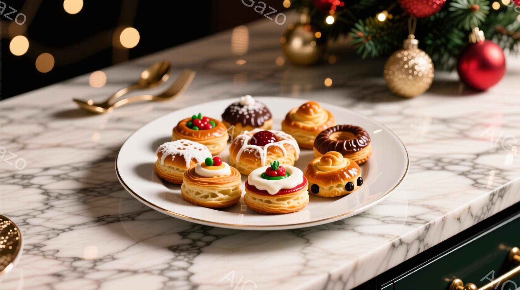 白い大理石調のカウンターの上に、金色の縁取りのある白い皿が置かれ、色とりどりの小さなペイストリーが並べられています。背景には緑色のキャビネットと、ぼやけたクリスマスオーナメントや光が散りばめられ、華やかな雰囲気を作り出しています。ペイストリーは、クリームやジャム、果物で飾られ、クリスマスや特別な機会にぴったりの、優雅で美味しそうな光景です。
