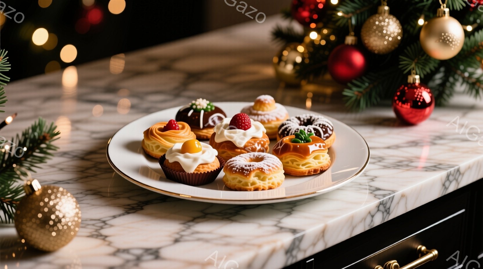 白大理石のカウンタートップに、色とりどりのミニケーキが盛り付けられた白いお皿が置かれています。クリスマスツリーの枝と金色のオーナメントが背景にあり、暖かくお祝いムードを演出しています。ケーキはそれぞれ異なる装飾が施され、クリスマスのデザートとして楽しめそうに見えます。