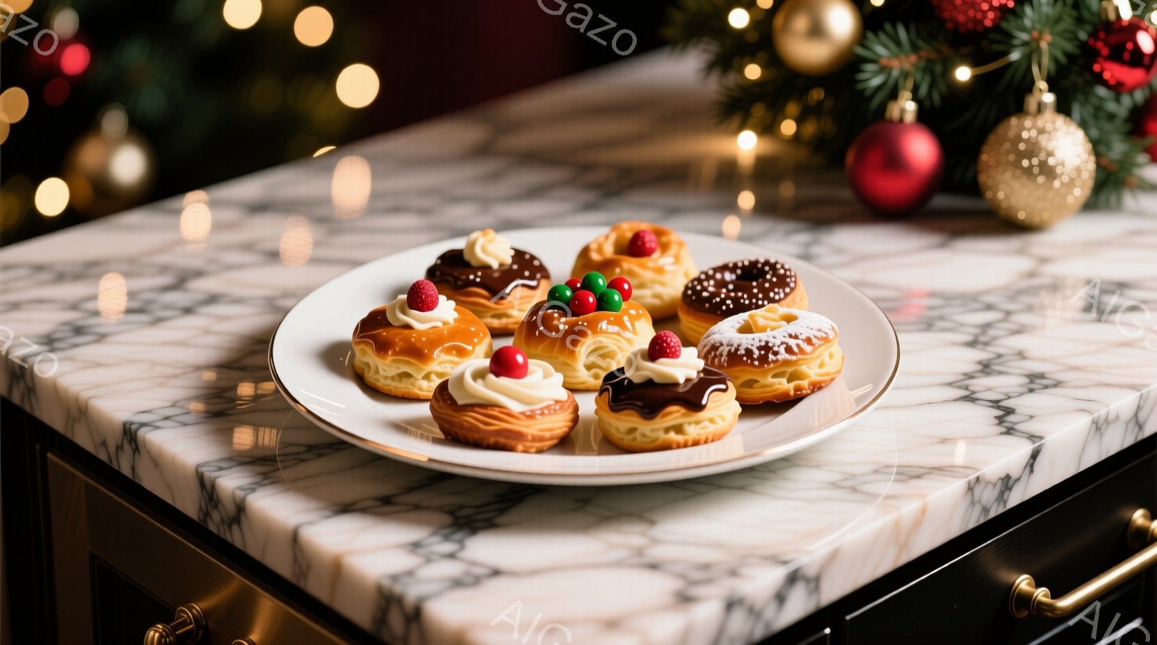 白い大理石調のカウンターの上に、色とりどりのクリームやフルーツをトッピングした小さなシュークリームが並べられた白い皿があります。背景にはクリスマスツリーのぼやけた光が広がり、華やかな雰囲気を醸し出しています。全体的に温かく、お祝いのムードが漂う、美味しそうなデザートの光景です。