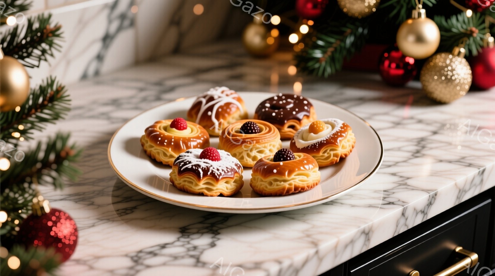 白大理石のカウンタートップに、様々なクリームとフルーツをトッピングしたペイストリーが盛り付けられた白い皿が置かれています。背景には、クリスマスツリーの枝と、金と赤のオーナメントがぼやけて見え、祝祭の雰囲気を醸し出しています。全体的に暖かく、洗練された印象を与える、美しいフードスタイリングの写真です。