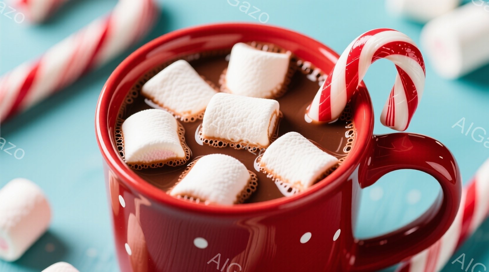 赤い水玉模様のマグカップの中に、ふわふわの白いマシュマロが浮かぶホットチョコレートが写っています。カップの縁には、赤と白の渦巻き模様のキャンディケーンが掛けてあり、背景は淡い水色が広がっています。全体的に暖かく、甘くて幸せな冬の雰囲気が漂っています。