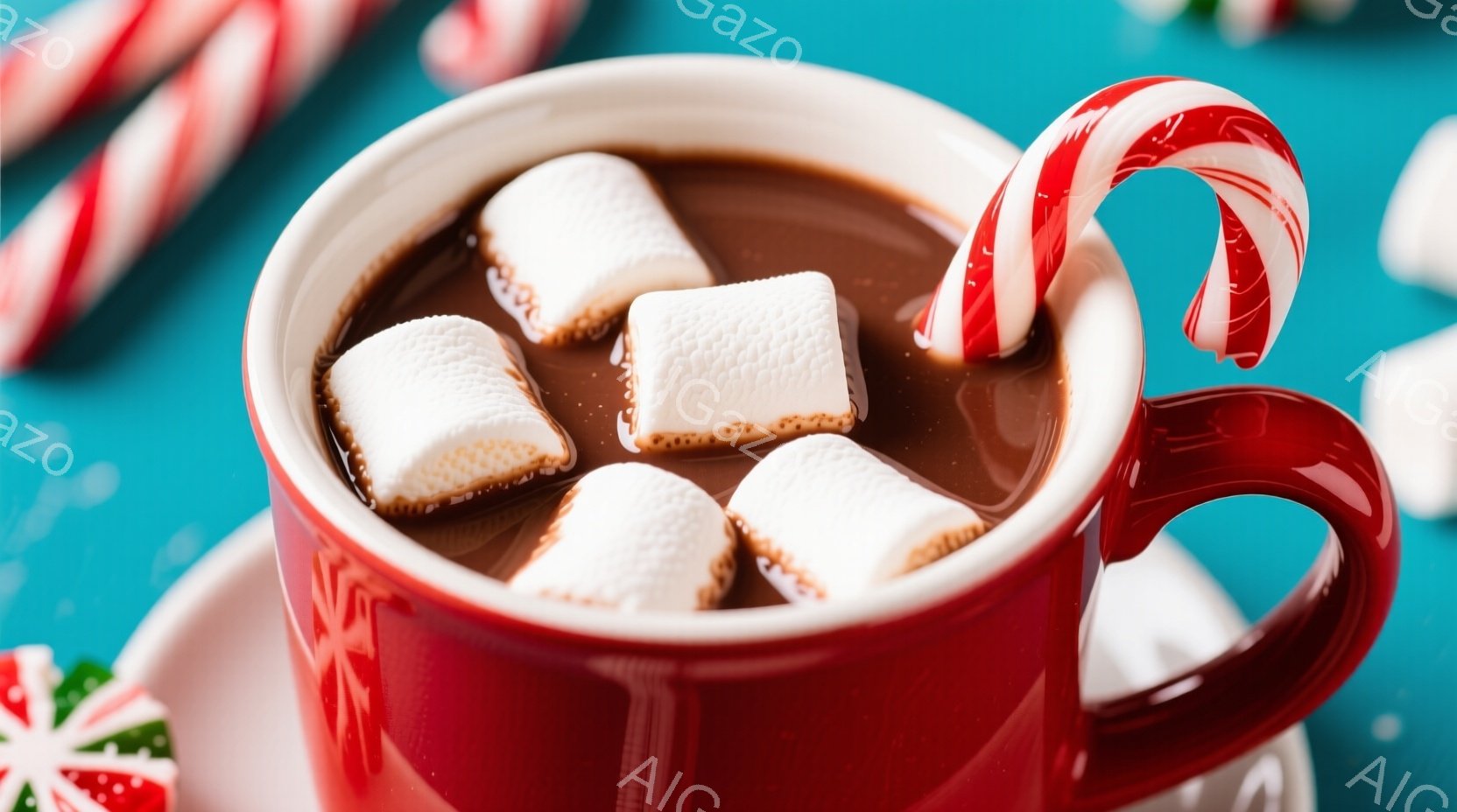 赤いマグカップが、ふわふわの白いマシュマロと、赤と白のストライプ模様のキャンディケーンで飾られています。カップの中には温かいホットチョコレートが満たされており、背景は明るい水色で、雪の結晶が散りばめられています。全体的に、温かく、心地の良い冬の雰囲気を感じさせる画像です。