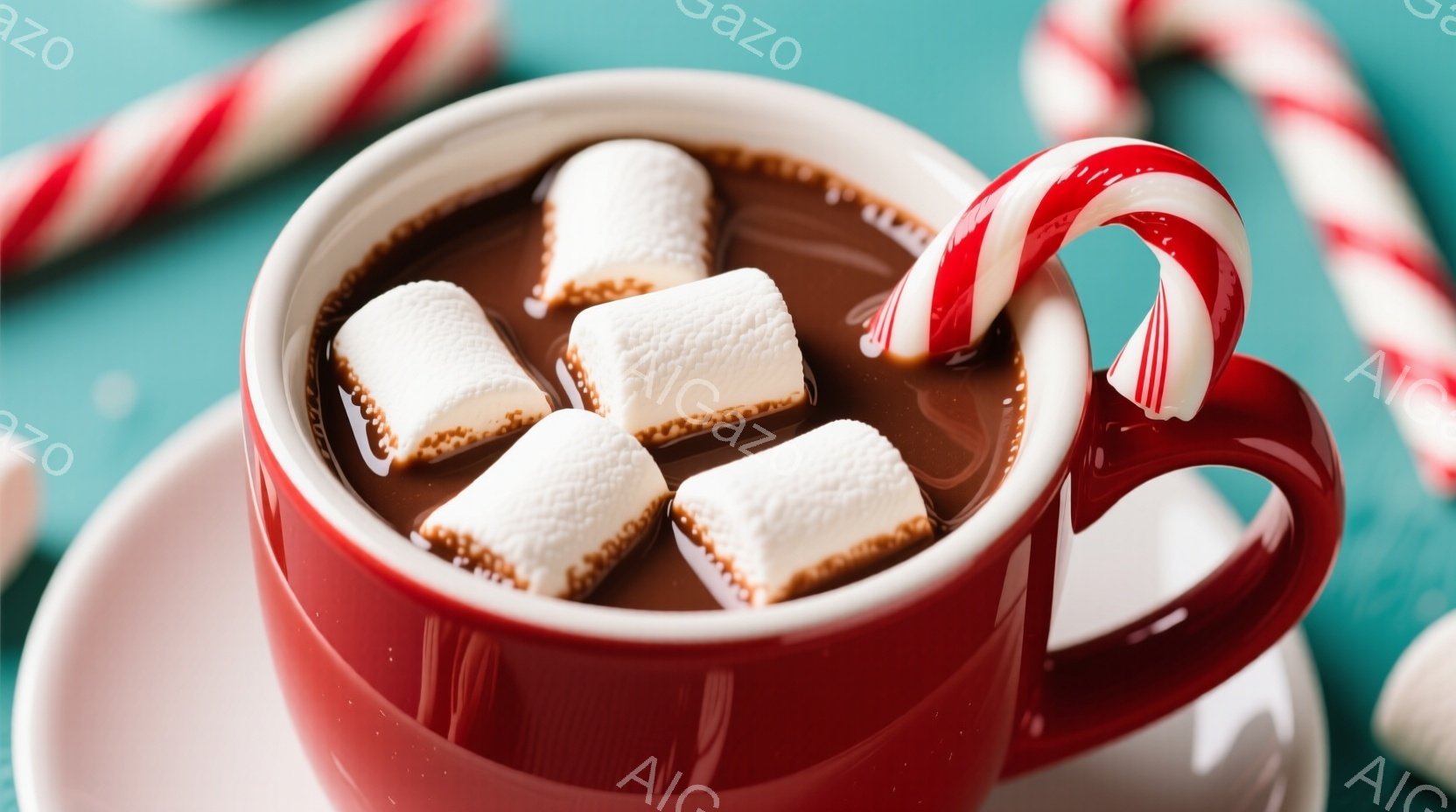 真っ赤なマグカップに、ふわふわの大きなマシュマロが浮かんだホットチョコレートが写っています。カップは白いソーサーに乗っており、背景には白と赤の縞模様のキャンディケーンがぼんやりと見えます。全体的に暖かく、甘くて幸せな冬の雰囲気が漂っています。