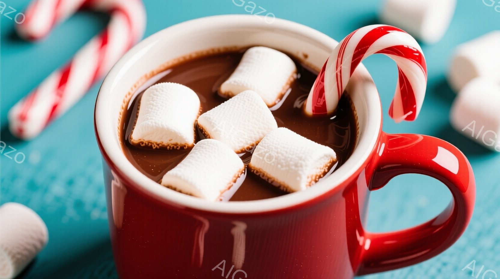 深紅色のマグカップに、ふんわりとしたマシュマロが浮かび、温かいホットチョコレートが満たされています。カップの縁には、赤と白の縞模様のキャンディケーンが掛けられ、背景は明るい水色の壁です。全体的に、冬の暖かさと甘さを感じさせる、心地よい雰囲気の画像です。