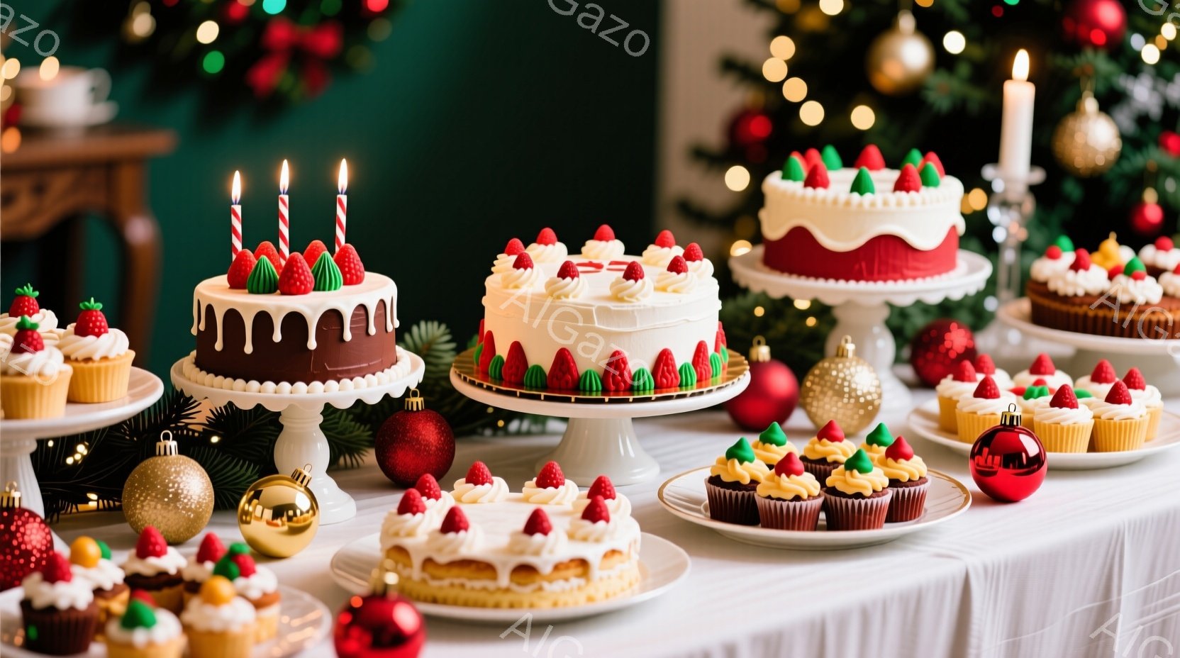 白いテーブルの上に、クリスマスのデコレーションと様々なケーキが並べられています。イチゴとクリームで飾られたケーキやカップケーキが目立ち、背景には緑色のクリスマスツリーが見えます。全体的に華やかで温かみのある、祝祭の雰囲気が漂っています。