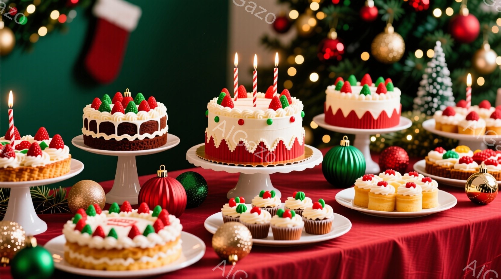 真っ赤なテーブルの上に、クリスマスのデコレーションと様々なケーキが並んでいます。イチゴとクリームで飾られた小さなケーキやカップケーキ、そして大きなケーキも用意されており、まるでクリスマスのお祝いの準備のようです。背景には緑色のクリスマスツリーがぼんやりと見え、華やかで温かい雰囲気が漂っています。