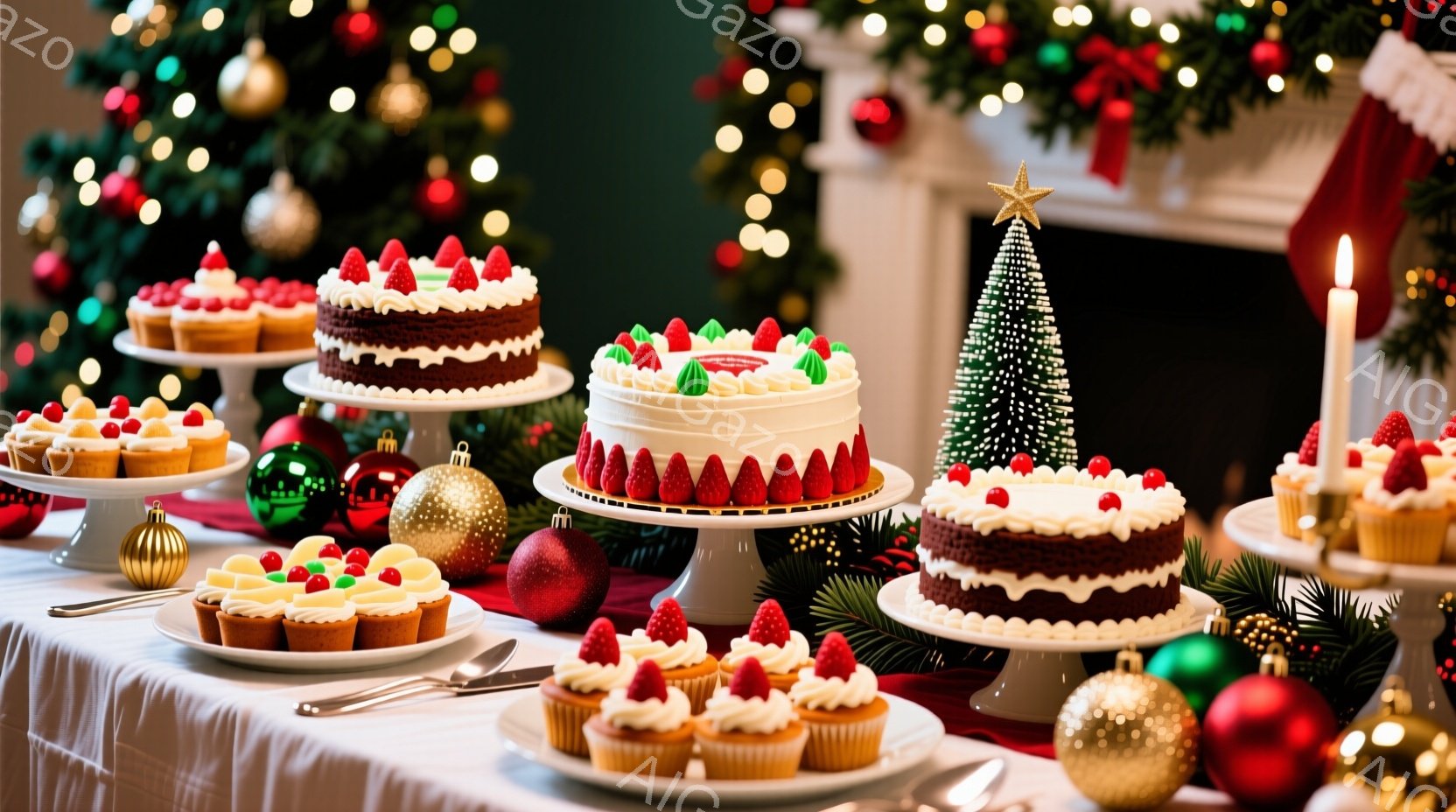 クリスマスを祝うための様々なケーキやカップケーキが、白いテーブルクロスの上に美しく並べられています。背景には、クリスマスツリーやオーナメント、暖炉が見え、華やかで温かい雰囲気が漂っています。赤い実やクリームで飾られたケーキは、冬のイベントにぴったりの美味しそうなデザートです。