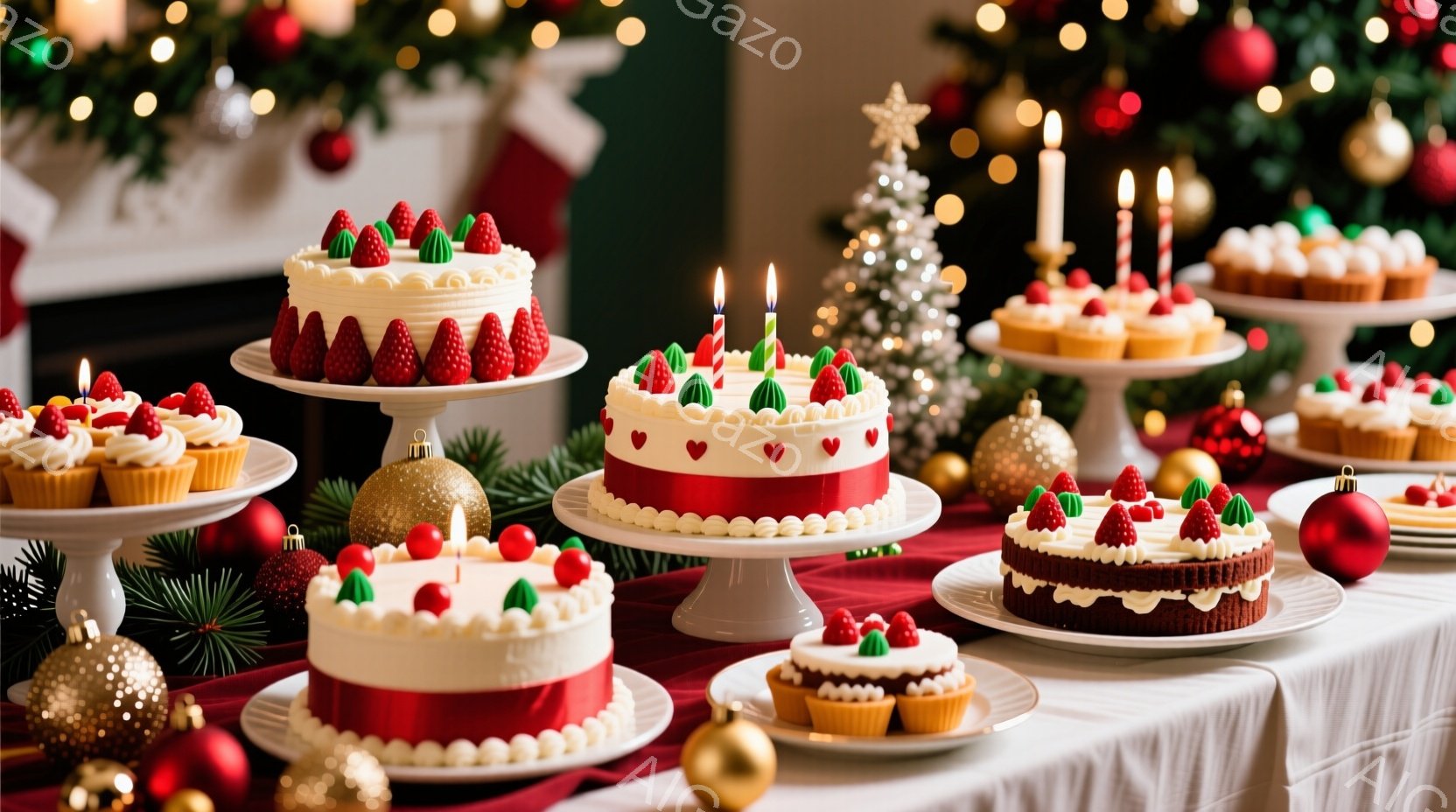 クリスマスを祝うケーキやペストリーが赤色のテーブルの上に美しく並べられています。赤いベルベットケーキはクリームとイチゴで飾られ、他のケーキやタルトも同様に鮮やかで食欲をそそるように彩られています。背景にはクリスマスツリーがぼんやりと見え、暖かくお祝いムードを醸し出しています。