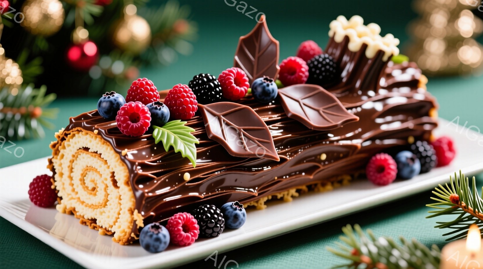 クリスマスケーキのロールケーキが白い皿の上に置かれています。チョコレートのコーティングが木の幹のように表現され、ラズベリー、ブルーベリー、ブラックベリーが飾られています。背景は深い緑色で、クリスマスツリーの葉とぼやけた光があり、お祝いの雰囲気を醸し出しています。