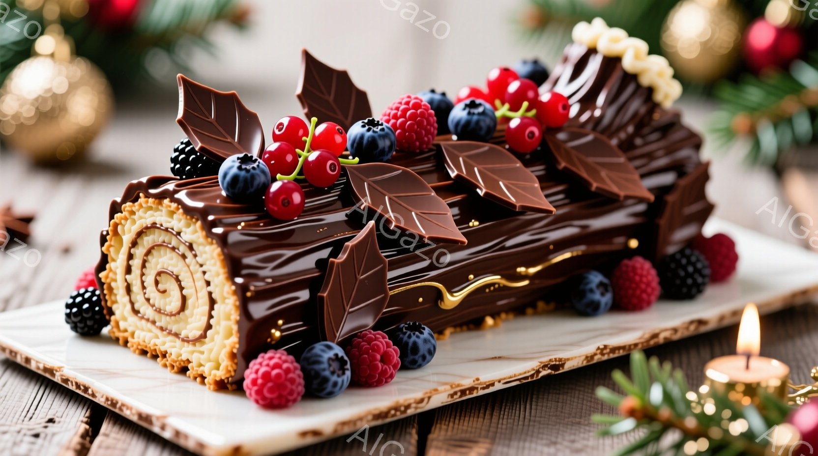 チョコレート色のブッシュ・ド・ノエルが白い皿の上に置かれています。ロールケーキはココアパウダーで覆われ、焼き菓子で覆われた側面を持ち、上に様々なベリーとチョコレートの葉が飾られています。背景にはぼやけたクリスマス装飾と、点灯したキャンドルがあり、暖かくお祝いの雰囲気です。