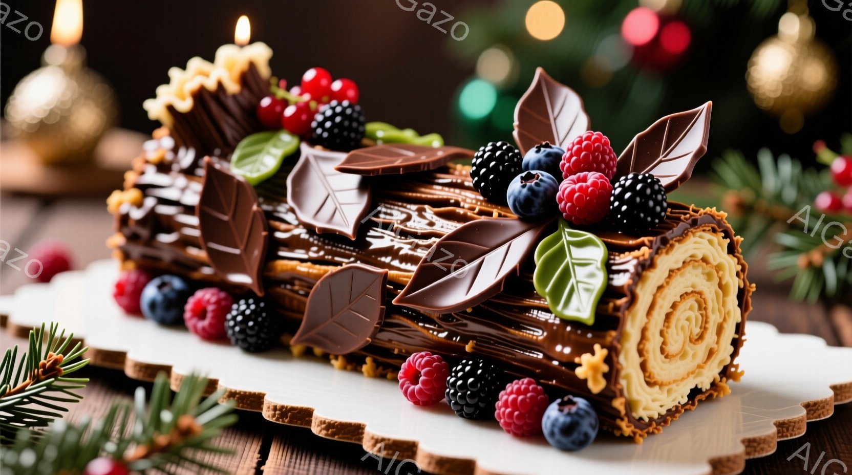 チョコレート色のブッシュ・ド・ノエルが、白いお皿の上に飾られています。鮮やかなラズベリー、ブルーベリー、ブラックベリーが上に乗せられ、チョコレートで作られた葉っぱが添えられています。背景にはクリスマスの飾りや緑の葉っぱが見え、温かく、お祝いの雰囲気が漂っています。