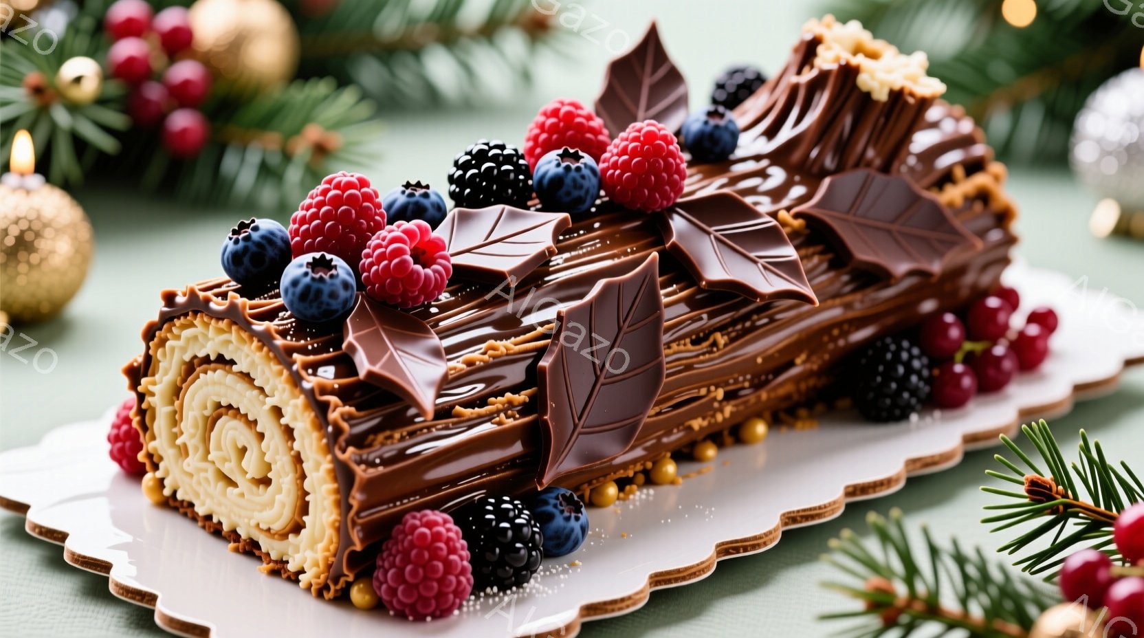 チョコレート色のブッシュ・ド・ノエルが白い皿の上に置かれ、ラズベリー、ブルーベリー、ブラックベリーなどの赤い果実で飾られています。ケーキの表面はチョコレートで覆われ、木の皮のような質感を表現し、金色の小さなビーズが散りばめられています。背景には緑色の葉や装飾がぼやけて見え、クリスマスの温かく、お祝いの雰囲気を醸し出しています。