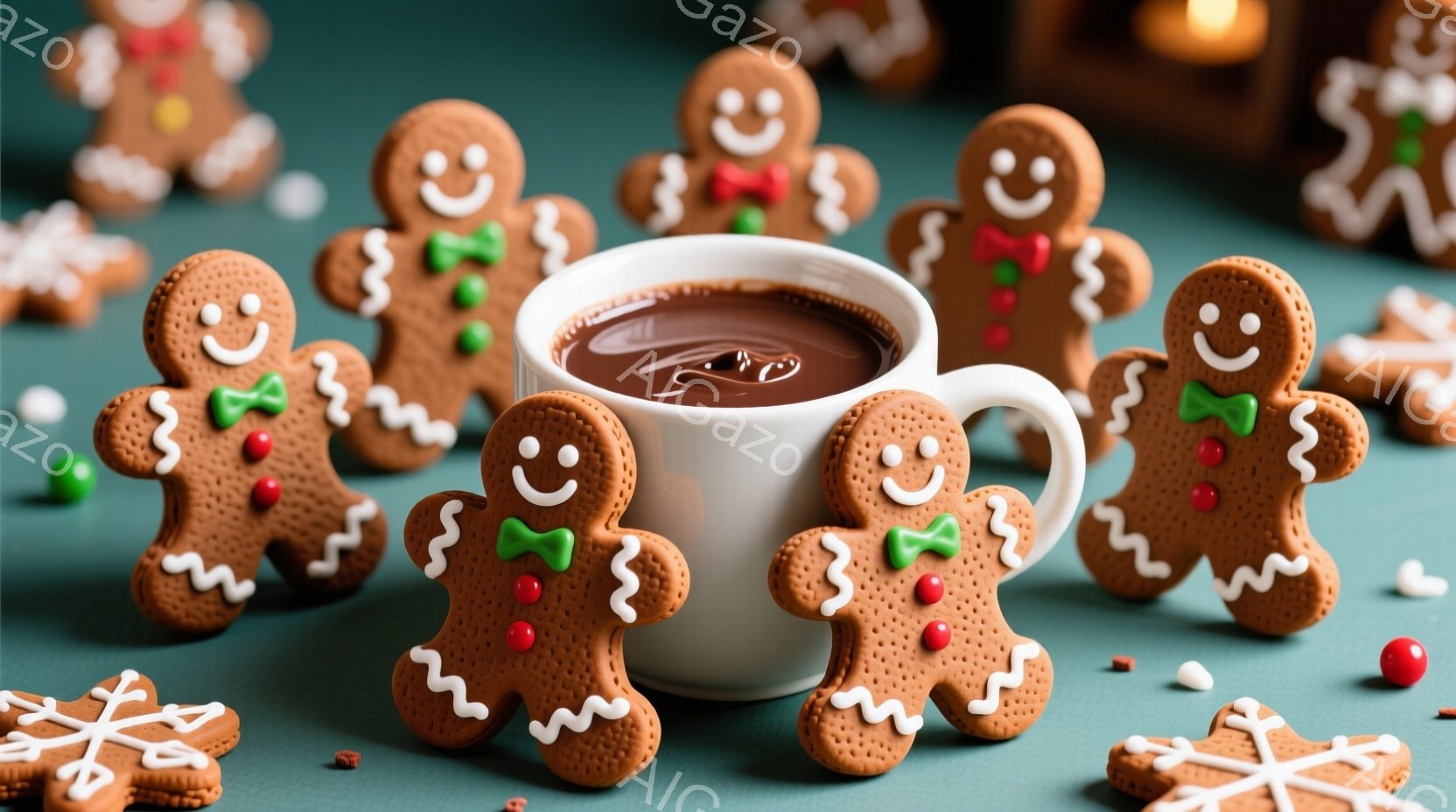 深い緑色の背景に、ジンジャーブレッドマンのクッキーと一杯のホットチョコレートが並んでいます。クッキーたちは白いアイシングで装飾され、緑色のリボンと赤いハート型のアクセントが施されています。全体的に、温かく、お祝いの雰囲気が漂い、冬の季節やホリデーシーズンを連想させます。