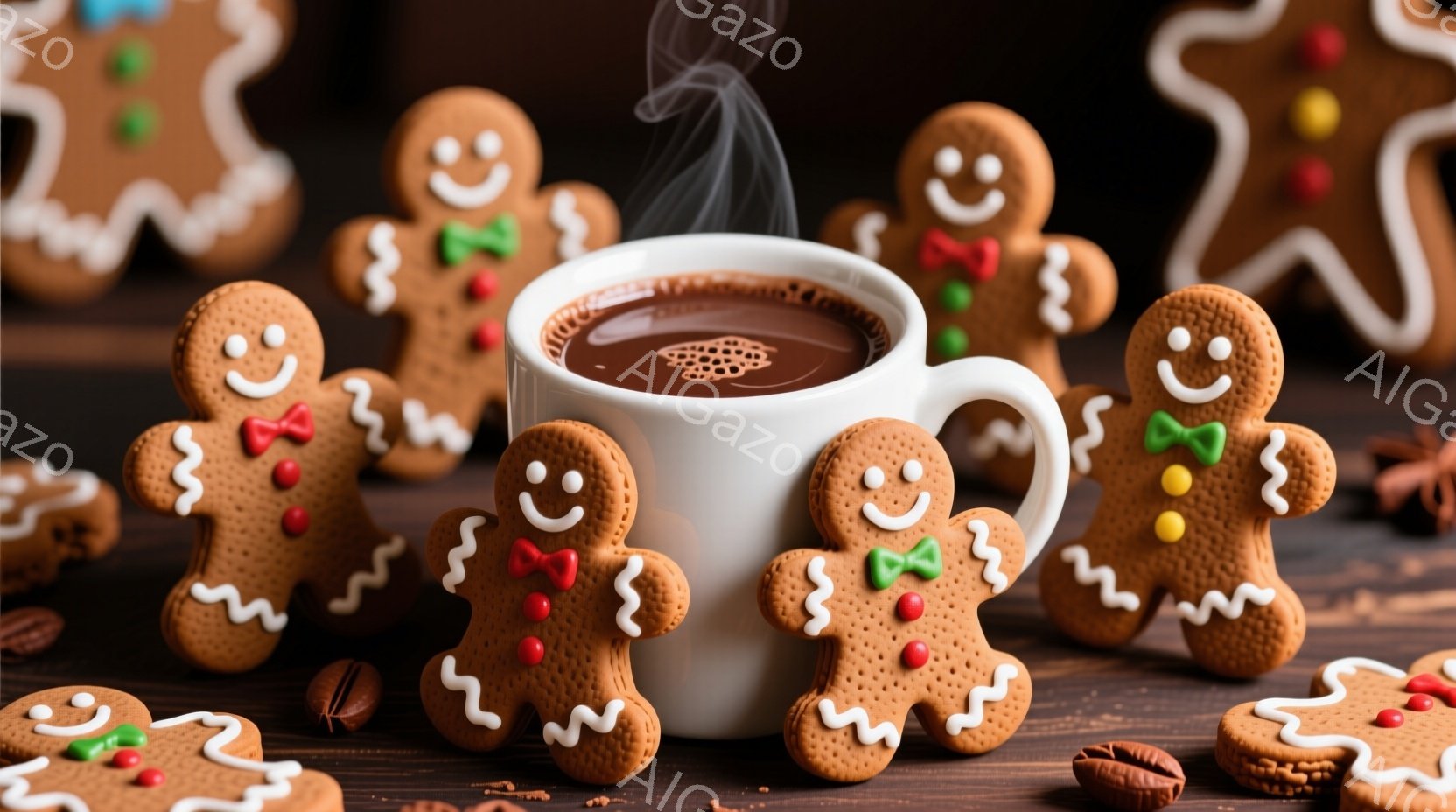 ジンジャーブレッドマンのクッキーがコーヒーカップの周りに配置され、温かいコーヒーの湯気が立ち上っています。クッキーたちはそれぞれ赤いリボンや緑のリボンで飾られ、白いアイシングで笑顔が描かれています。背景は濃い木製のテーブルで、コーヒー豆が点在し、全体的に温かく、居心地の良い雰囲気です。