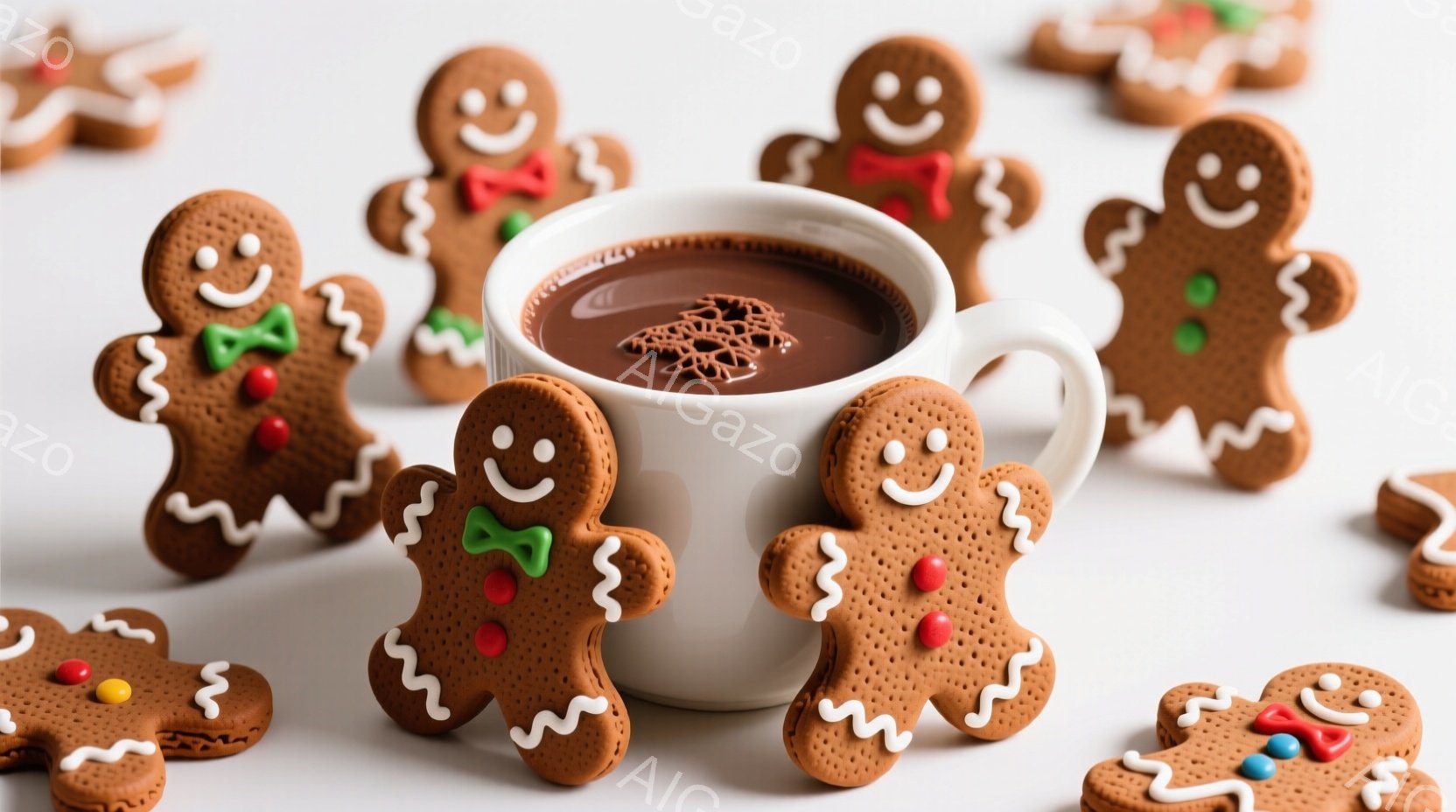 白い背景の上に、ジンジャーブレッドマンのクッキーがいくつか散らばっています。クッキーたちはそれぞれ緑や赤のリボンで飾り付けられ、白いアイシングで笑顔が描かれています。中央には、泡の上にチョコレートの模様が描かれた白いカップに入った温かい飲み物が置かれており、冬の暖かく、お祝いの雰囲気を醸し出しています。