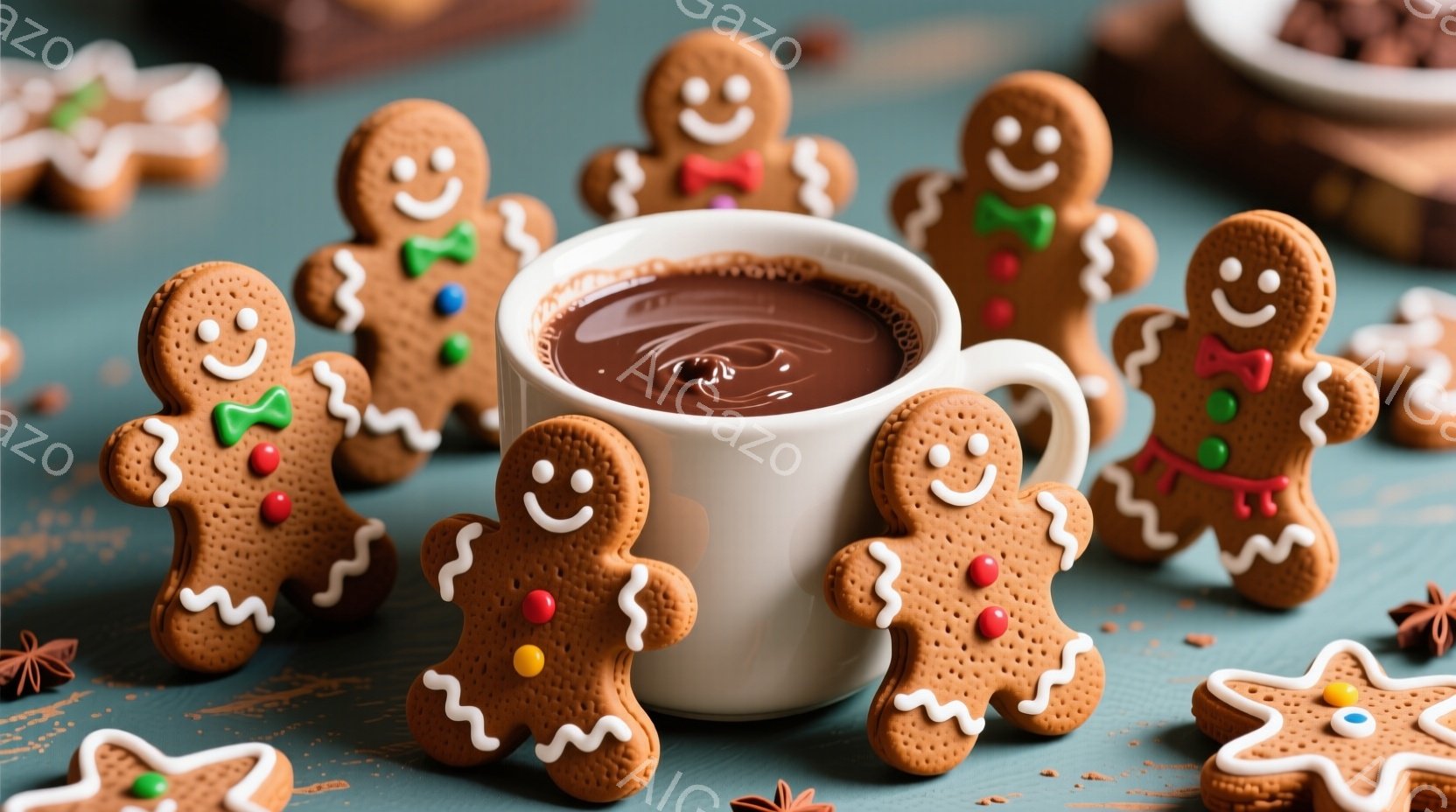 ジンジャーブレッドマンが白いカップの周りを囲んでいます。それぞれにアイシングで描かれた笑顔と、赤いリボンと白い模様が施されており、可愛らしい雰囲気を醸し出しています。背景は青みがかったテーブルで、クリスマスや冬の温かい雰囲気を連想させます。