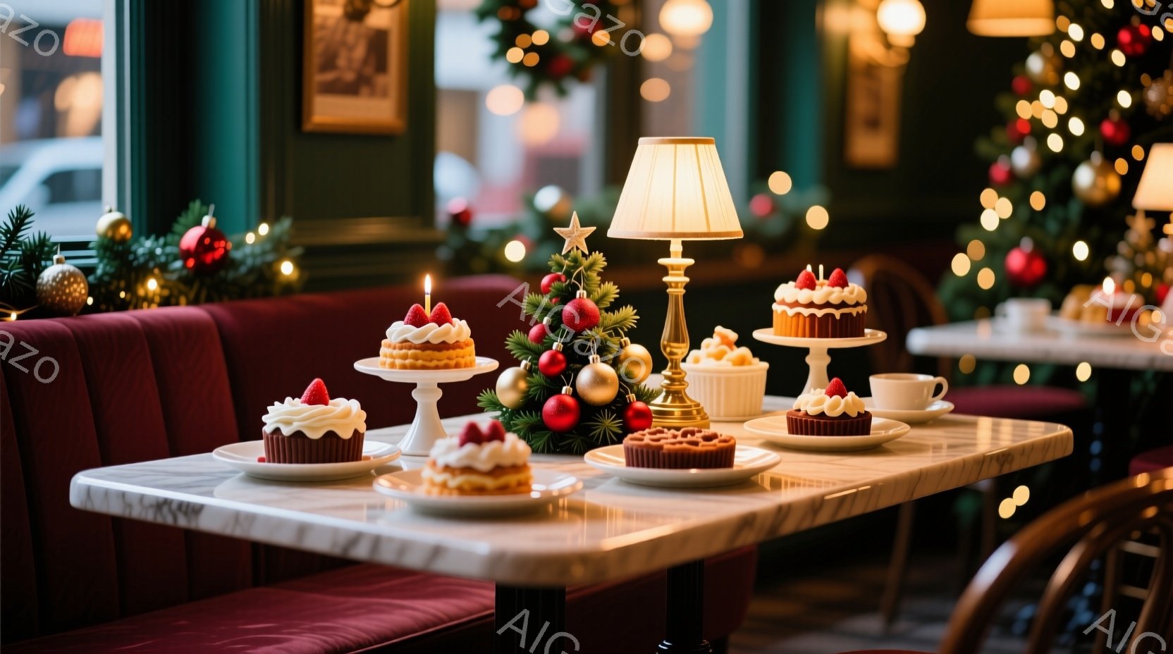 クリスマスシーズンを思わせる赤い背景と装飾が印象的な写真です。白い大理石風のテーブルには、イチゴやクリームで飾られた可愛らしいケーキが数点並べられ、温かい光を放つランプとクリスマスの飾り付けがテーブルを彩っています。全体的に暖かく、上品な雰囲気で、特別な日の食卓を彷彿とさせます。