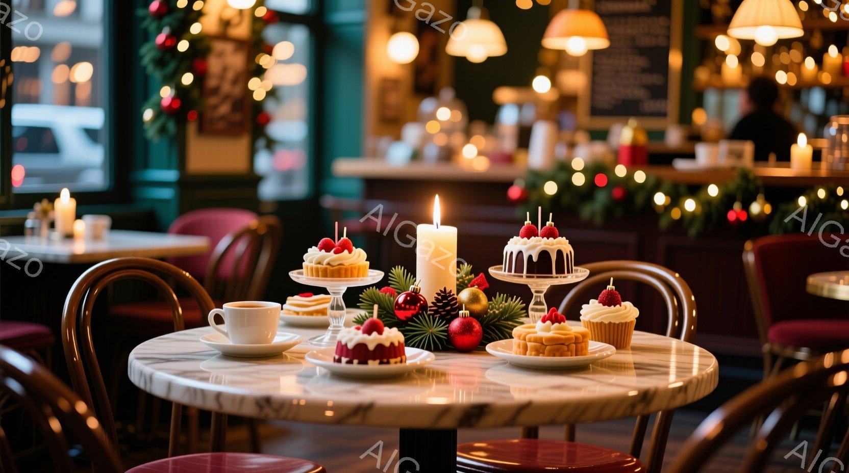 大理石のテーブルには、クリスマスを彩る可愛らしいケーキや焼き菓子が並べられています。キャンドルや緑の葉、赤いオーナメントが飾り付けられ、温かい光がテーブル全体を照らしています。背景には、クリスマス装飾が施されたカフェやレストランの様子がぼやけて見え、優雅で穏やかなクリスマスの雰囲気が漂っています。