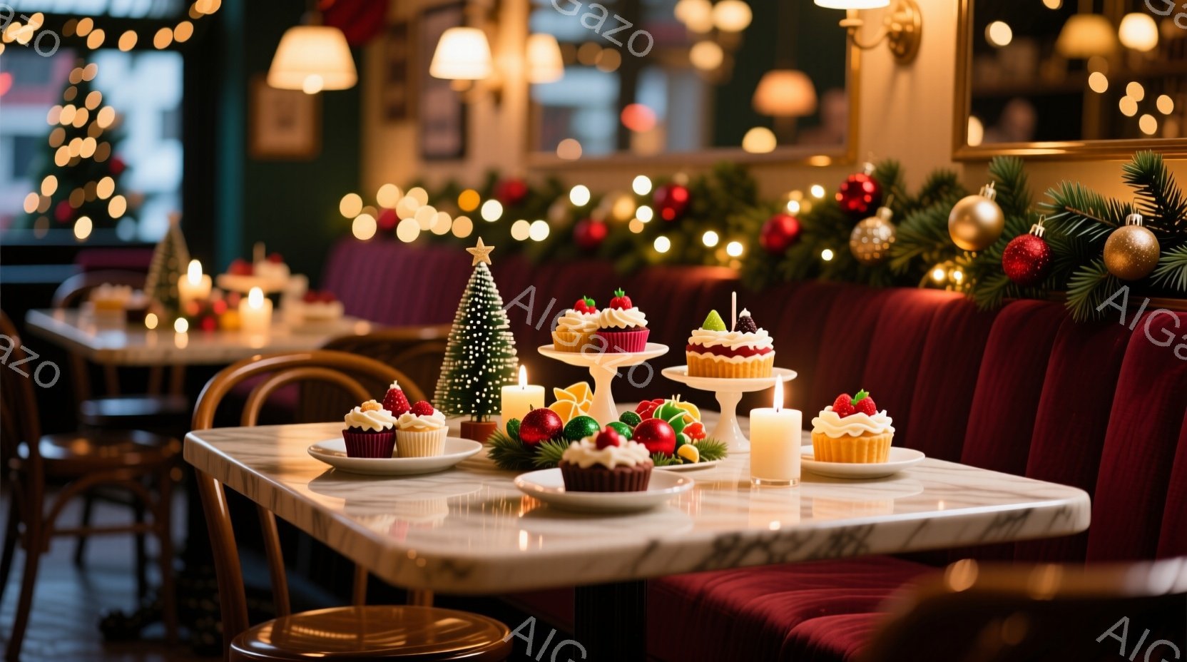 白いテーブルの上に、クリスマスを彩るカップケーキや小さなお菓子、キャンドル、そしてミニツリーが置かれています。背景には赤いベルベットのソファと、ぼんやりとしたクリスマスツリーの飾りが見え、温かく、お祝いの雰囲気が漂っています。全体的に、落ち着いた光の中で特別な日の食事が始まる直前の、穏やかなシーンが描かれています。