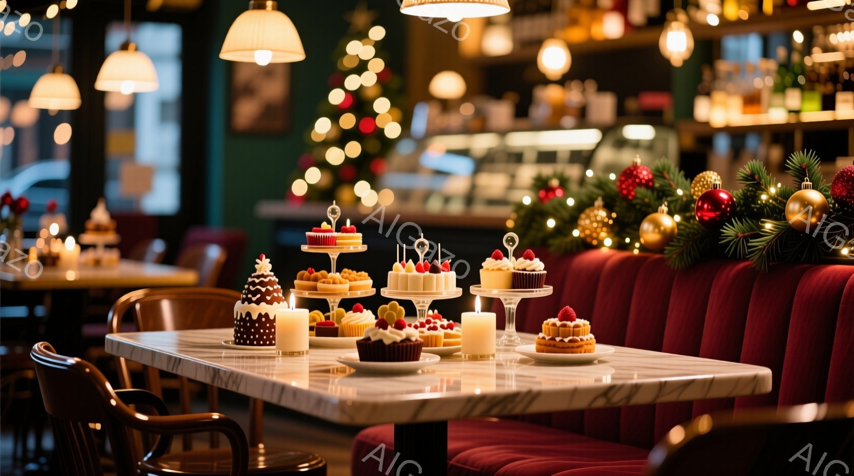 クリスマスを祝うための豪華なデザートが並んだテーブルが写っている。背景にはぼやけたクリスマスツリーと暖色系の照明があり、上品で華やかな雰囲気を醸し出している。赤いベルベットのソファと、テーブルに置かれたキャンドルが、温かく居心地の良い空間を作り出している。