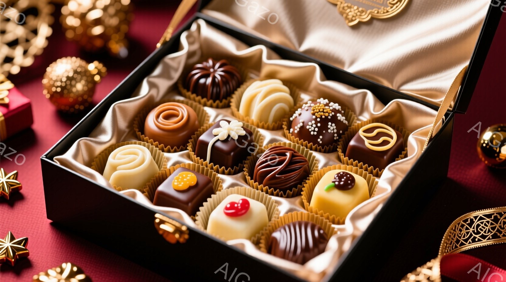 黒い箱の中に、様々なチョコレートが整然と並べられています。チョコレートは、白、茶色、金色など多様な色合いを持ち、表面には美しい装飾が施されています。背景には、赤い装飾と金色のオーナメントが見え、全体的に豪華で上品な雰囲気を醸し出しています。
