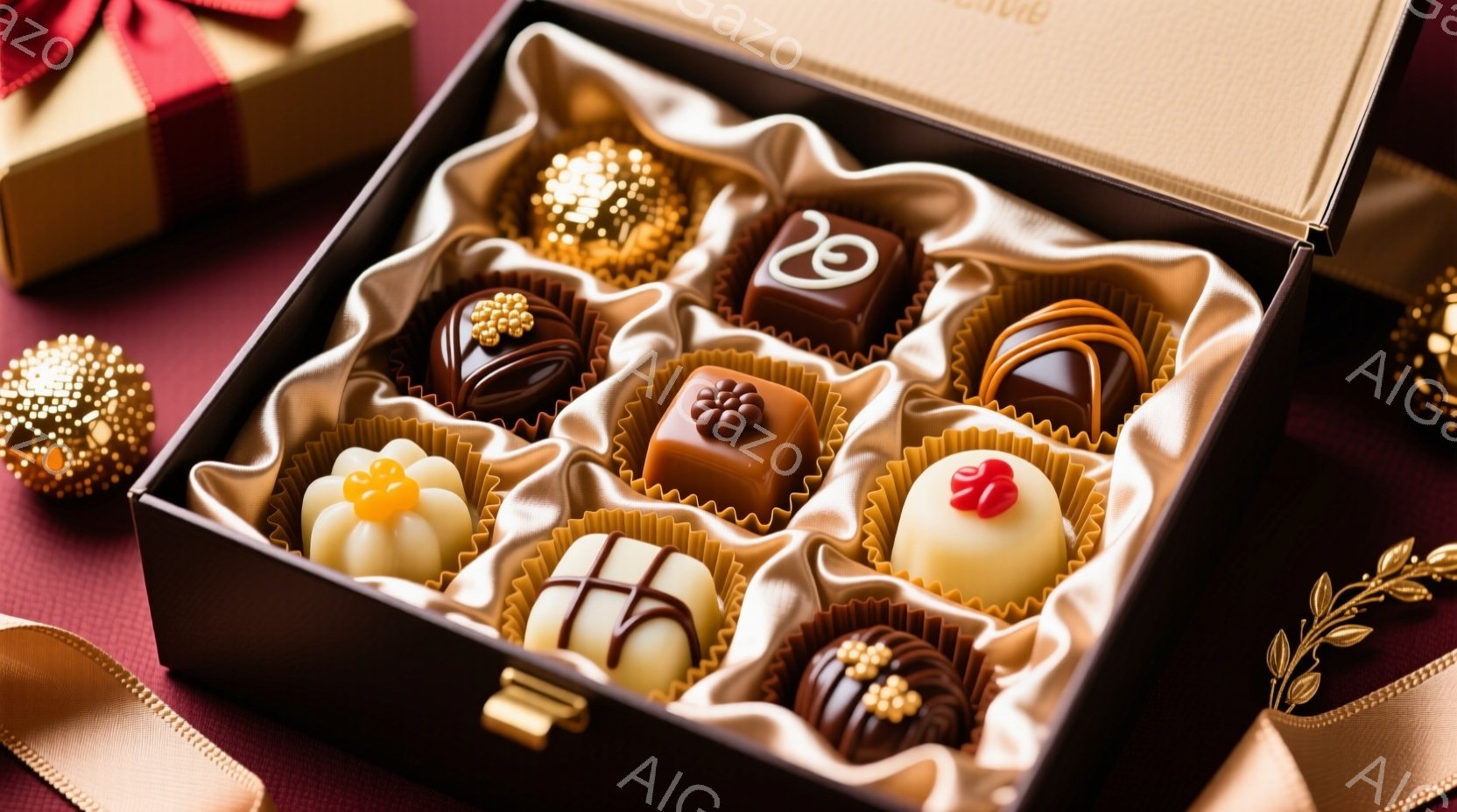 チョコレートが丁寧に並べられた、茶色の箱が開いて写っています。様々な形とデコレーションが施されたチョコレートは、金色の包装紙で包まれ、上品な印象を与えます。背景は深紅色の布で、箱の右隣には金色のオーナメントとプレゼント箱が見え、高級感と祝祭的な雰囲気を醸し出しています。